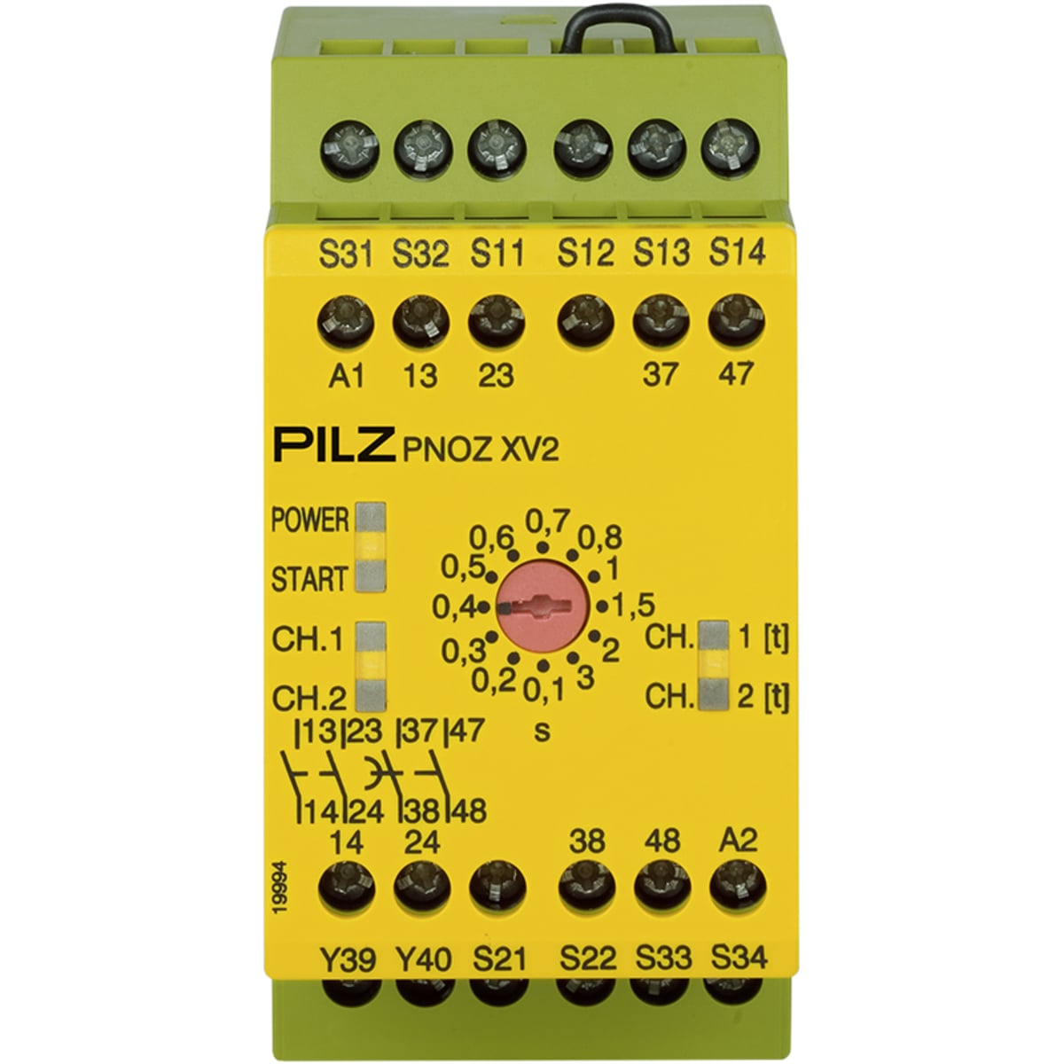 Safety Relay, 1/2-Channel Wiring with/without detection of Shorts Across Contacts, 2 N/O, 2 N/Ot-d, UB = 24 VDC, 45mm, Screw Terminals Integrated, E-STOP Monitoring, Safety Gates, with 2 Delay-on De-Energization Contacts, Delay Time Adjustable