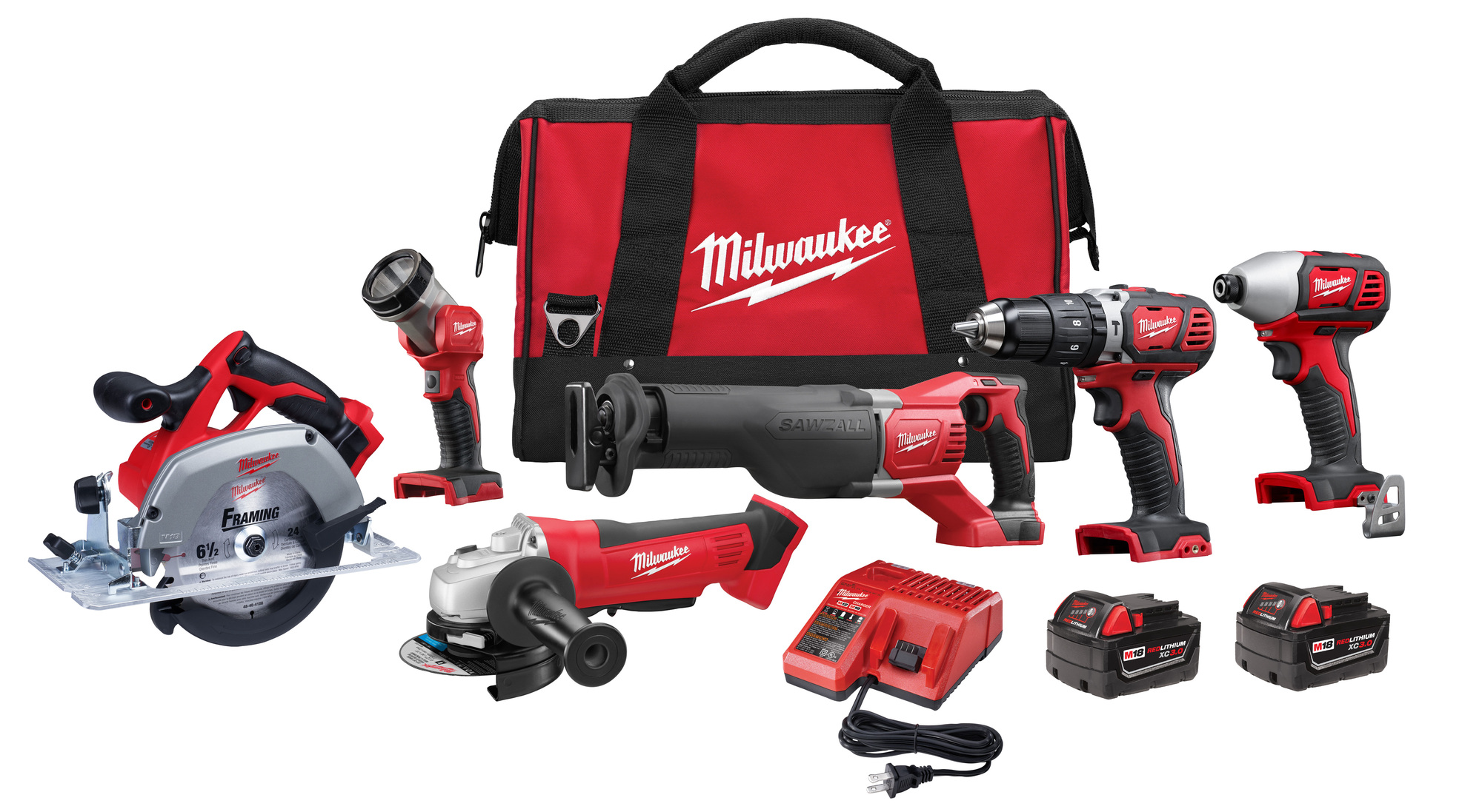 2696-26 M18 2-Tool Cordless Combination Kit, Tools: Angle Grinder/Circular Saw/Hammer Drill/Impact Driver/Reciprocating Saw, 18 V DC, 3 Ah Lithium-Ion, Keyless Blade