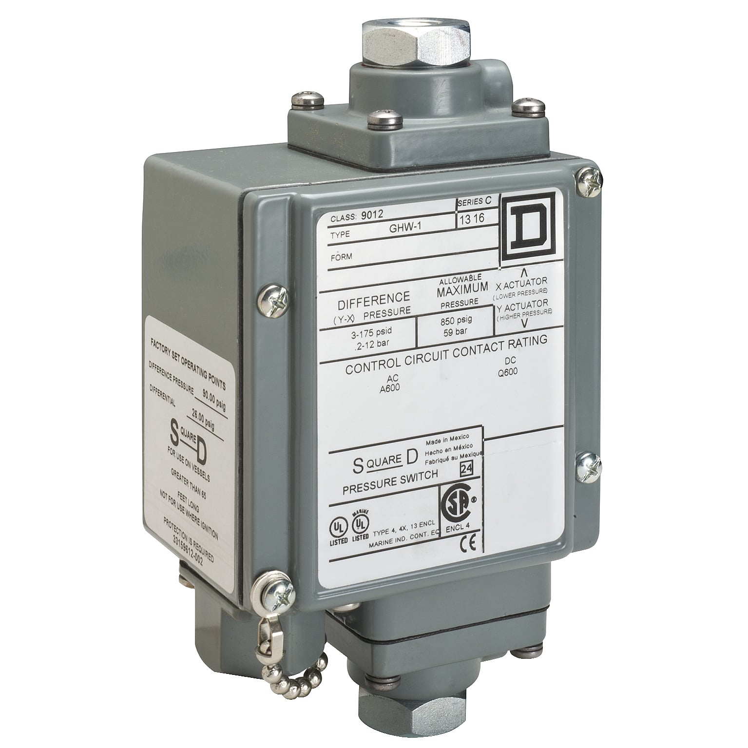 9012GHW21 High Pressure Electromechanical Pressure Switch, 0 to 500 psi Pressure, 22 to 90 psi Differential, 2NO-2NC DPDT-DB Contact, Screw Clamp Connection