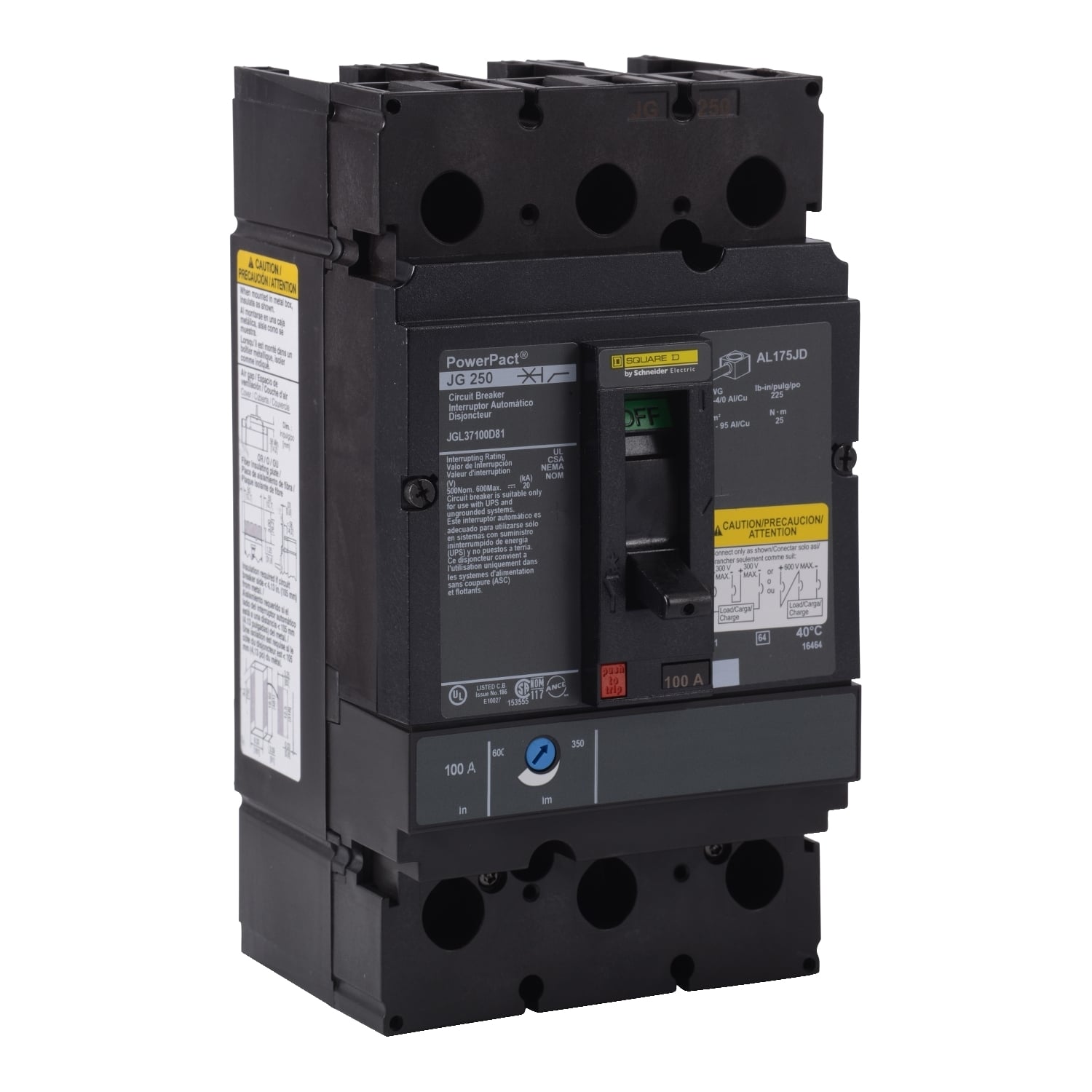 JGL37150D81 PowerPact 80% Rated Molded Case Circuit Breaker, 500 V DC, 150 A, 20 kA Interrupt, 3 Poles, Thermal Magnetic Trip