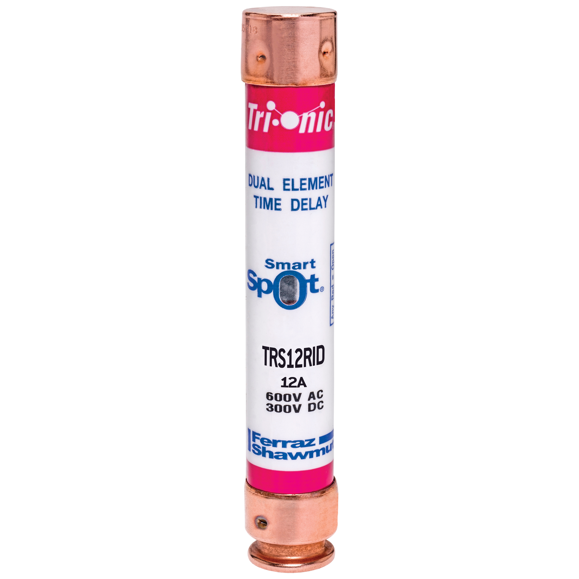 TRS12RID Tri-Onic Current Limiting Low Voltage Time Delay Fuse, 12 A, 600 V AC/DC, 200/20 kA Interrupt, RK5 Class, Cylindrical Body