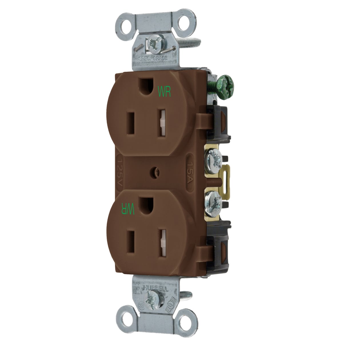 BR15WRTR 1-Phase Duplex Self-Grounding Standard Tamper/Weather Resistant Traditional Screw Mount Straight Blade Receptacle, 125 VAC, 15 A, 2 Poles, 3 Wires, Brown
