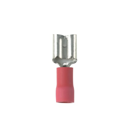 DVF18-250-CY Pan-Term Type DVF Loose Piece Vibration-Resistant Female Disconnect, 18 AWG Conductor, 0.25 in W x 0.032 in THK Tab, Funnel Entry/Sleeved Barrel, Brass, Red, Barrel Insulated