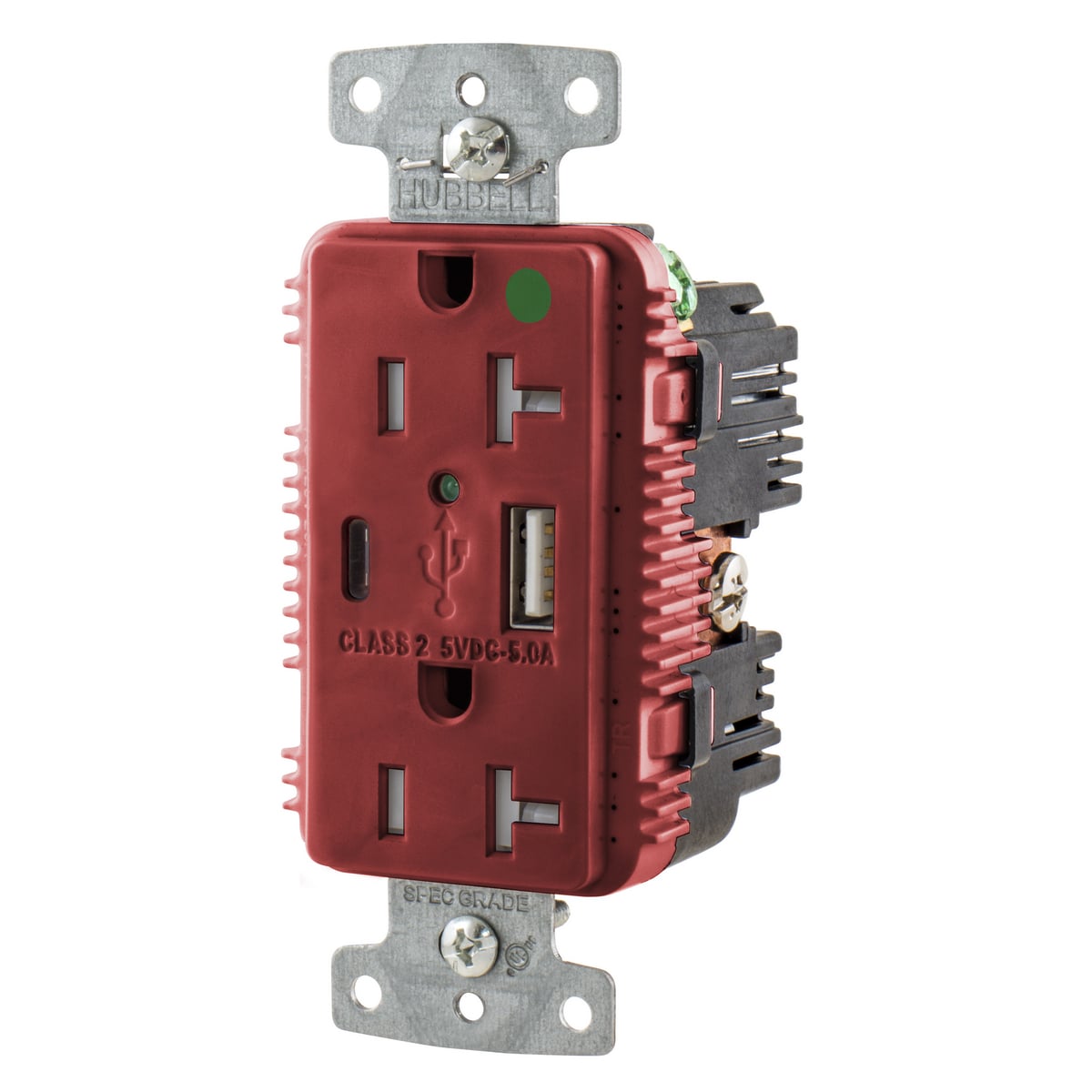 USB8300AC5R Duplex Grounding Standard Tamper-Resistant USB Charger Receptacle With Green LED, 125 V AC, 20 A, 1 hp, 2500 W, 1 Phase, 2 Poles, 3 Wires, Red
