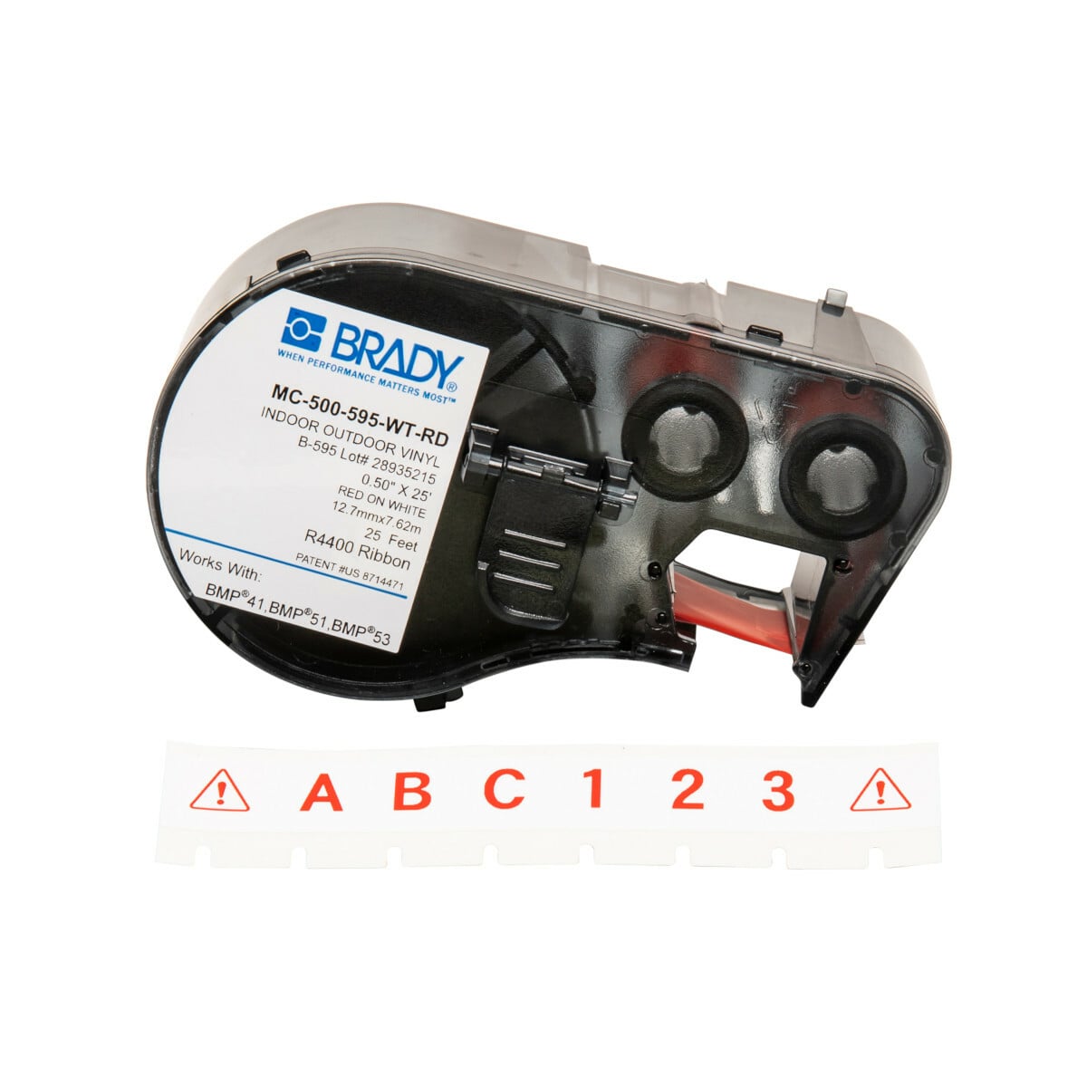 MC-500-595-WT-RD M Series Label Maker Cartridge, 25 ft L x 1/2 in W, For Use With BMP 41 Label Printers, BMP 51 and BMP 53 Label Maker, B-595 Vinyl, Red on White