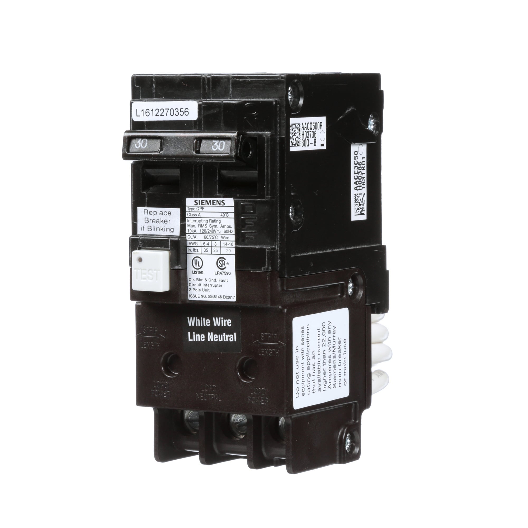 QF230A Type GFCI Ground Fault Circuit Breaker, 120/240 V AC, 30 A, 10 kA Interrupt, 2 Poles, Thermal Magnetic Trip