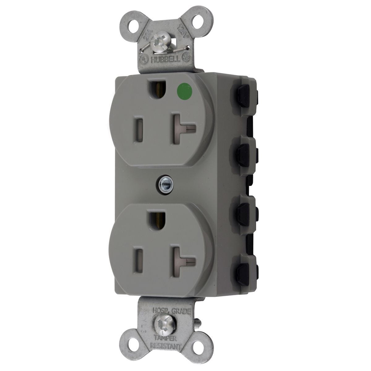 SNAP8300GYTRA 1-Phase Duplex Extra Heavy Duty Standard Tamper Resistant Screw Mount Straight Blade Receptacle, 125 V AC, 20 A, 2 Poles, 3 Wires, Gray