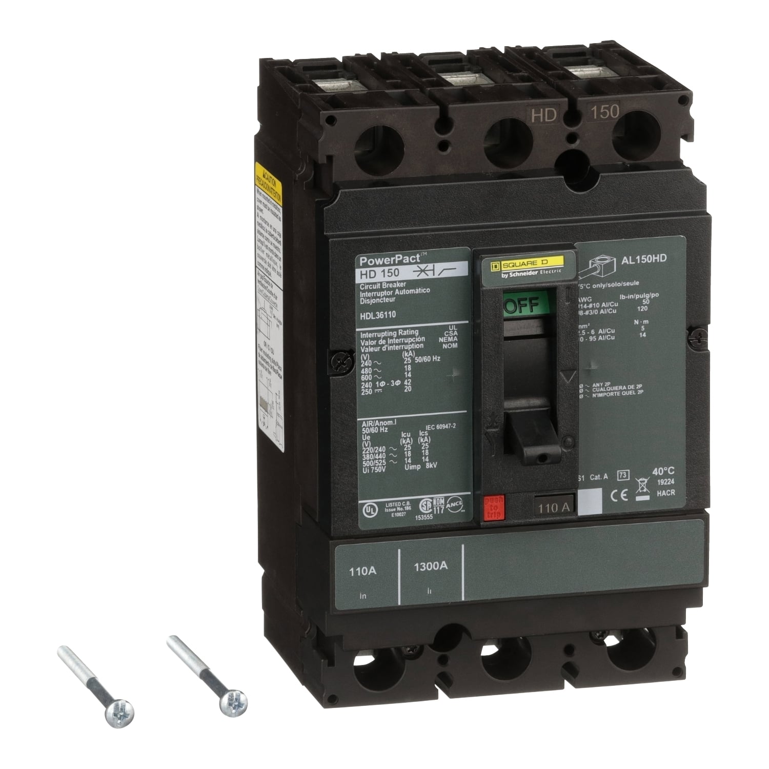 HDL36110 PowerPact 80% Rated Type HDA Molded Case Circuit Breaker, 600 V AC/250 V DC, 110 A, 25 kA at 240 VAC/18 kA at 480 VAC/14 kA at 600 VAC/20 kA at 250VDC Interrupt, 3 Poles, Thermal Magnetic Trip
