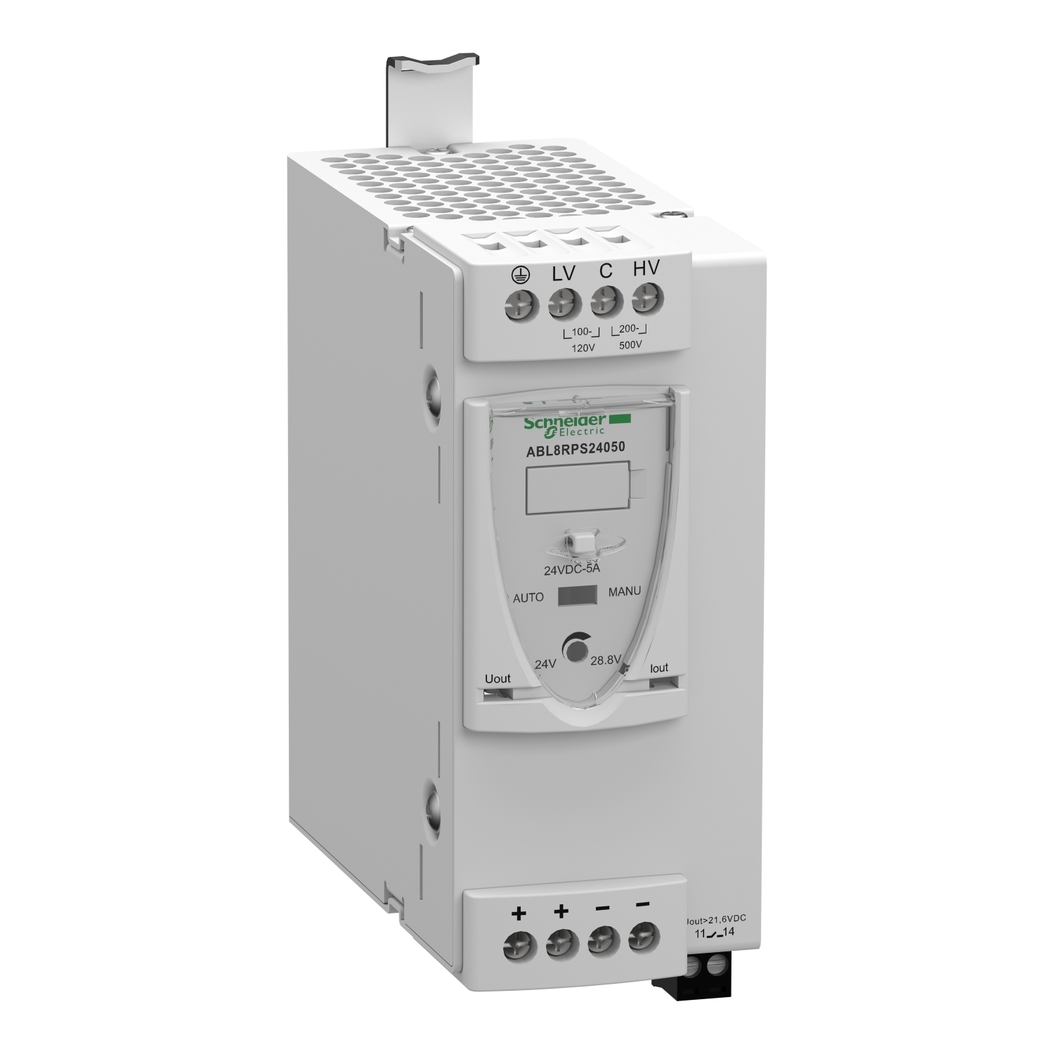ABL8RPS24050 Phaseo Regulated Switch Mode Power Supply, 24 V DC Input, 120 W Power Rating, 5 A, DIN Rail Mount