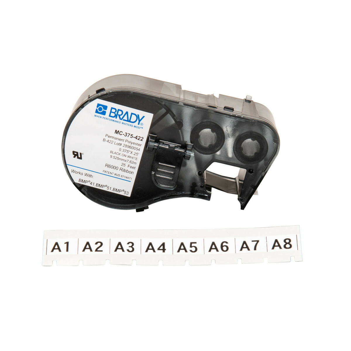 MC-375-422 ToughBond M Series Cartridge Label, 25 ft L x 3/8 in W, For Use With BMP 41 Label Printers, BMP 51 and BMP 53 Label Maker, B-422 Polyester, Black on White