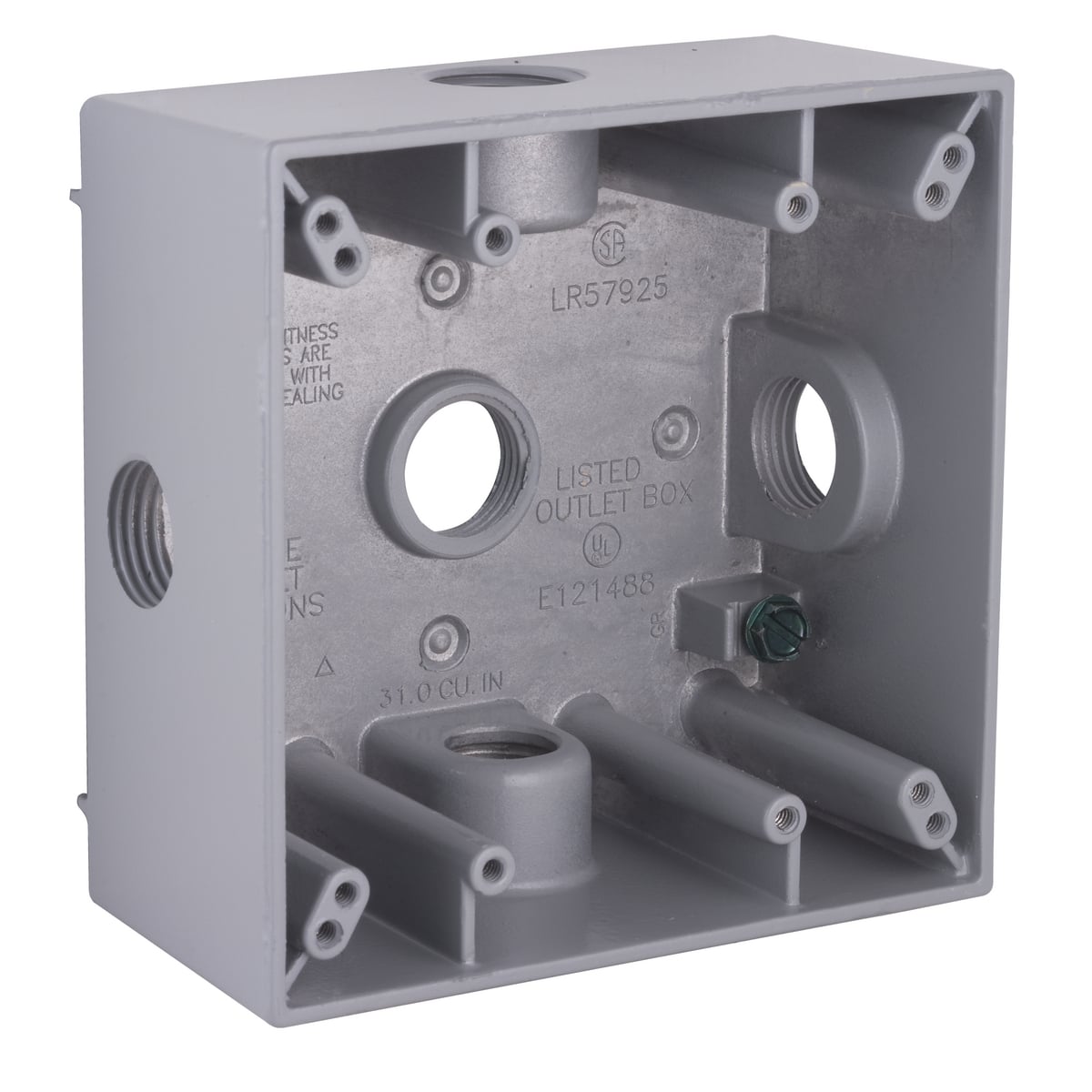 5334-0 Weatherproof Outlet Box, Die Cast Aluminum, 32 cu-in Capacity, 2 Gangs, (5) Outlets, 4-1/2 in H x 4-1/2 in W x 2-1/8 in D