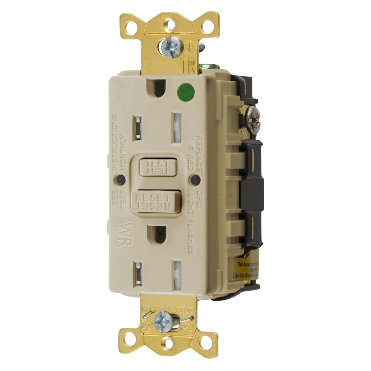 GFTWRST82I 1-Phase Decorator Duplex Heavy Duty Standard Straight Blade Self-Test Tamper/Weather-Resistant Screw Mount GFCI Receptacle, 125 VAC, 15 A, 2 Poles, 3 Wires, Ivory