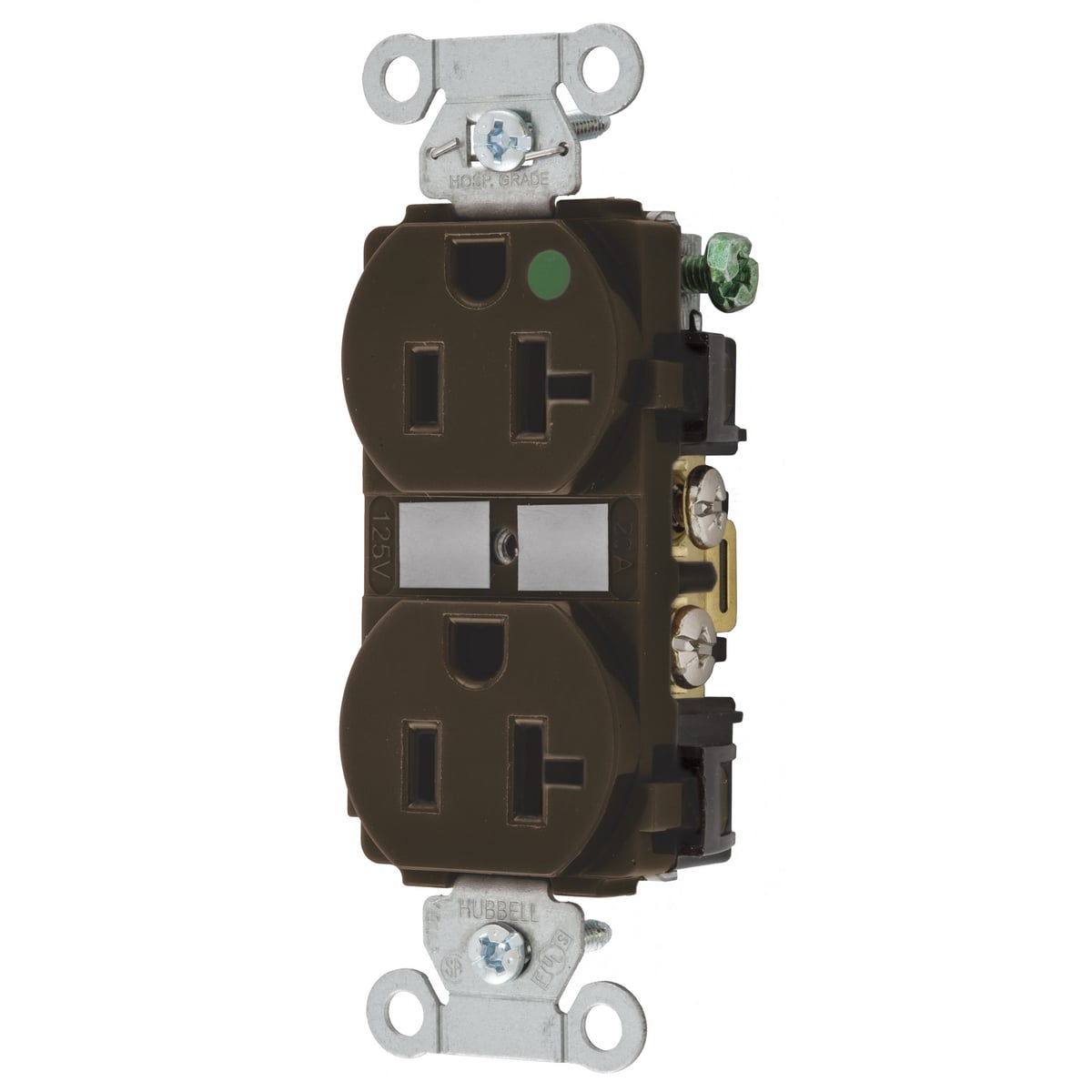 8300 1-Phase Duplex Heavy Duty Standard Screw Mount Straight Blade Receptacle, 125 V AC, 20 A, 2 Poles, 3 Wires, Brown