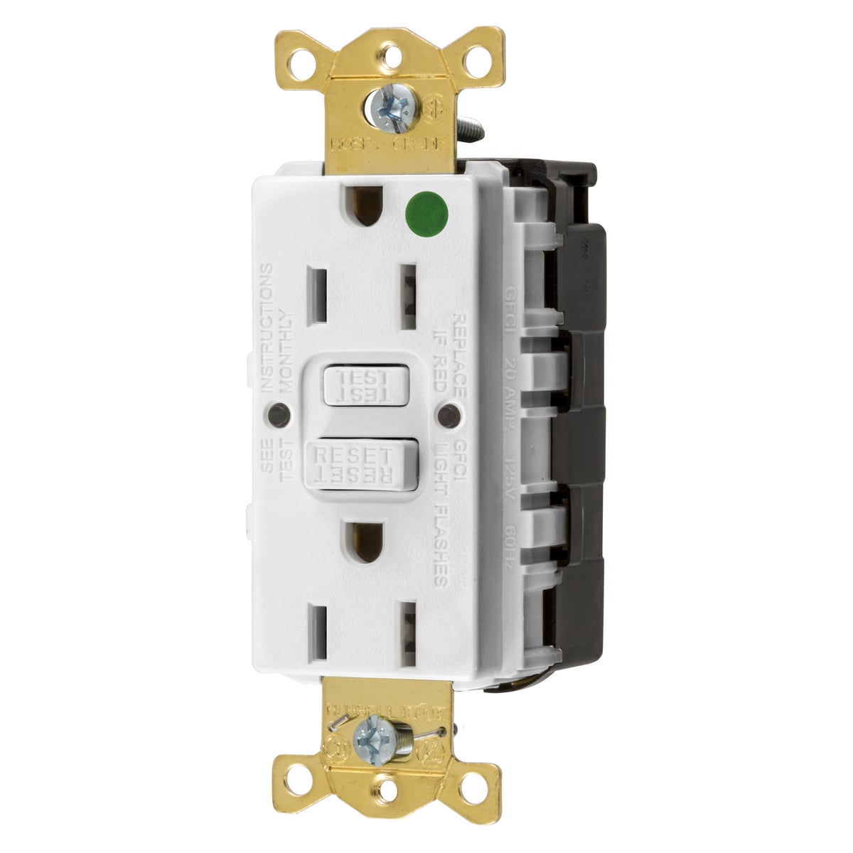 GFRST82SNAPW 1-Phase Self-Test Straight Blade Standard GFCI Receptacle, 125 VAC, 15 A, 2 Poles, 3 Wires, White
