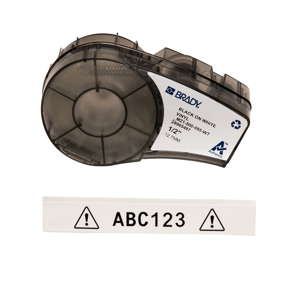 M21-500-595-WT BPM21 Label Marker Cartridge, 21 ft L x 1/2 in W, For Use With BMP 21 PLUS Portable Label Printers, IDPAL and LABPAL Handheld Label Maker, B-595 Vinyl, Black on White