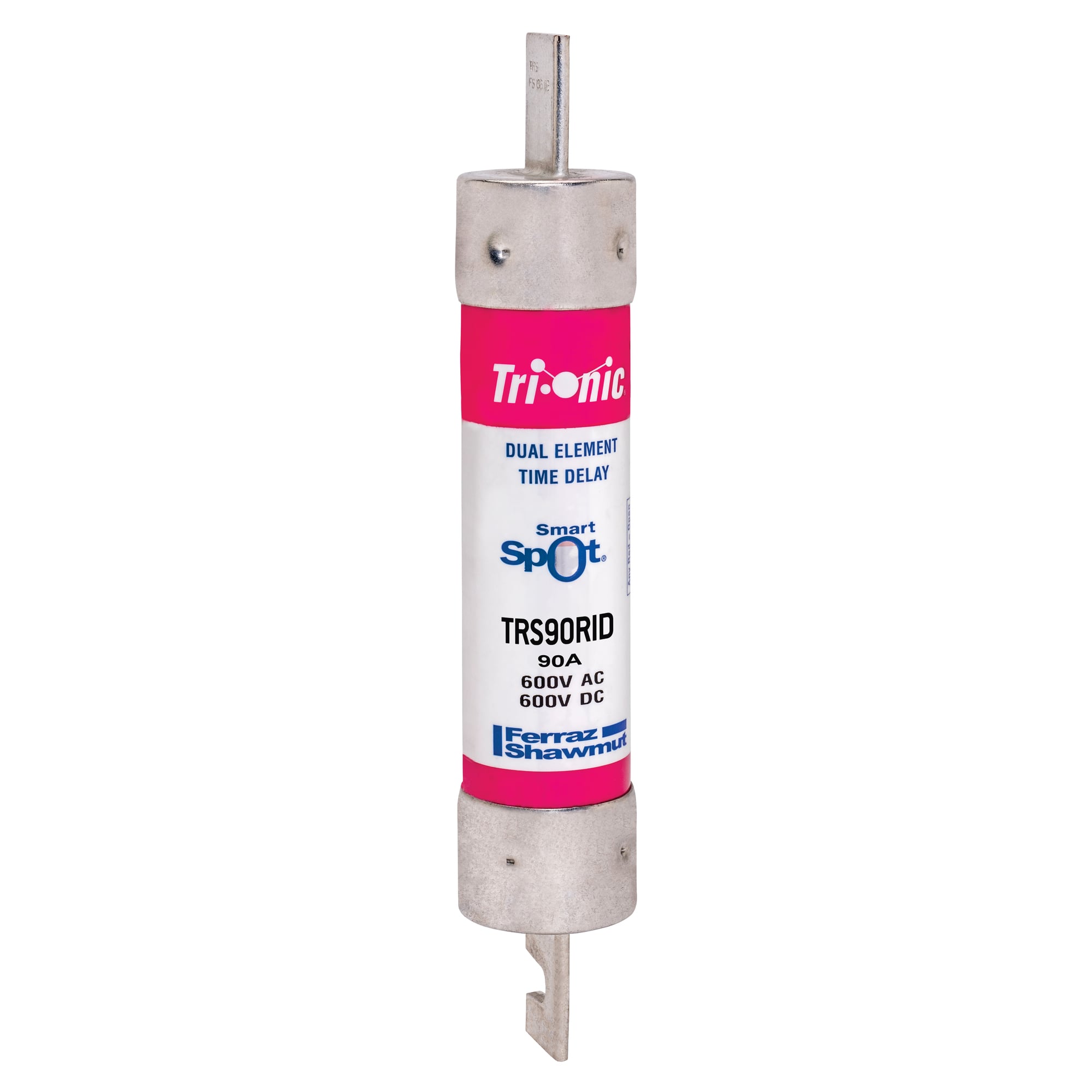 TRS90RID Tri-Onic SmartSpot Current Limiting Low Voltage North American Style Time Delay Fuse With Blown Fuse Visual Indication, 90 A, 600 V AC, 200 kA Interrupt, RK5 Class, Cylindrical Body