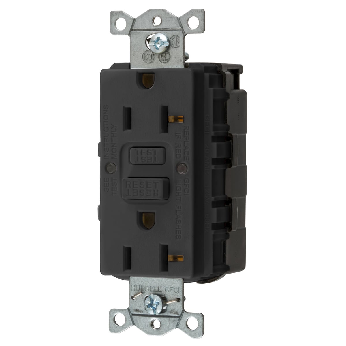 GFRST20SNAPBK 1-Phase Duplex Heavy Duty Insulated Self-Test Standard Screw Mount GFCI Receptacle, 125 VAC, 20 A, 2 Poles, 3 Wires, Black
