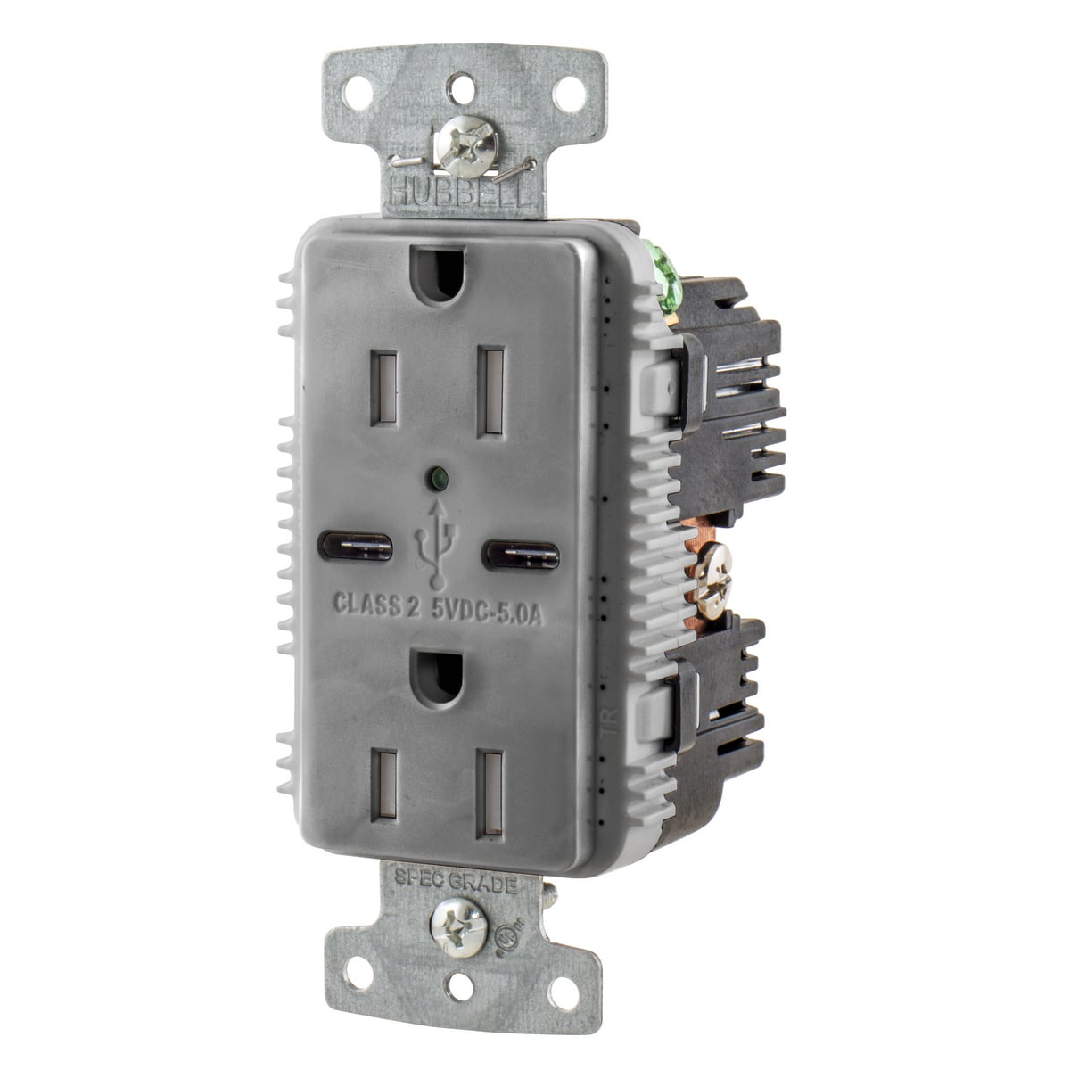 USB15C5GY Duplex Grounding Heavy Duty Standard Tamper-Resistant Style C USB Charger Receptacle With Green LED, 15 A at 125 V DC, 1875 W, 1 Phase, 2 Poles, 3 Wires, Gray