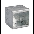 Two Gang Masonry Box, 46.8 Cubic Inches, 3-3/4 Inches Long x 3-3/4 Inches Wide x 3-1/2 Inches Deep, 1/2 Inch and 3/4 Inch Concentric Knockouts, Galvanized Steel, Welded Construction, with #12 AWG Solid Ground Wire Pigtail, For use with Conduit