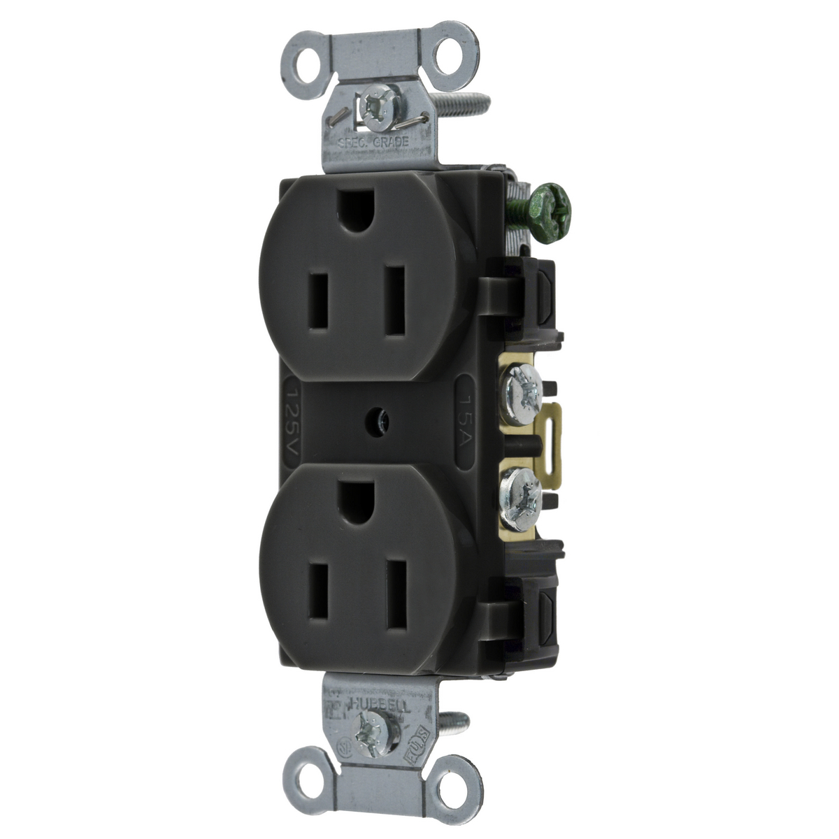 BR15BLK 1-Phase Duplex Self-Grounding Screw Mount Straight Blade Receptacle, 125 V AC, 15 A, 2 Poles, 3 Wires, Black