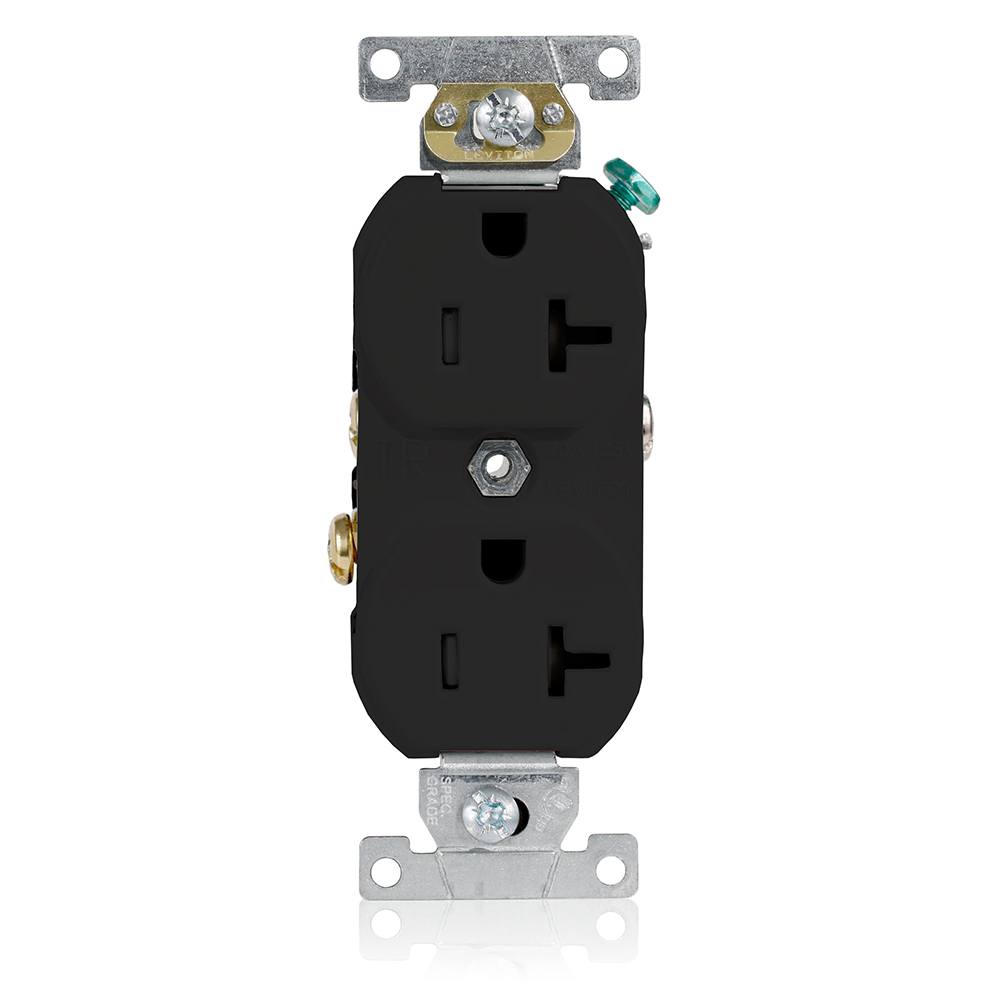 TBR20-E Duplex Tamper Resistant Straight Blade Receptacle, 125 V AC, 20 A, 2 Poles, 3 Wires, Black