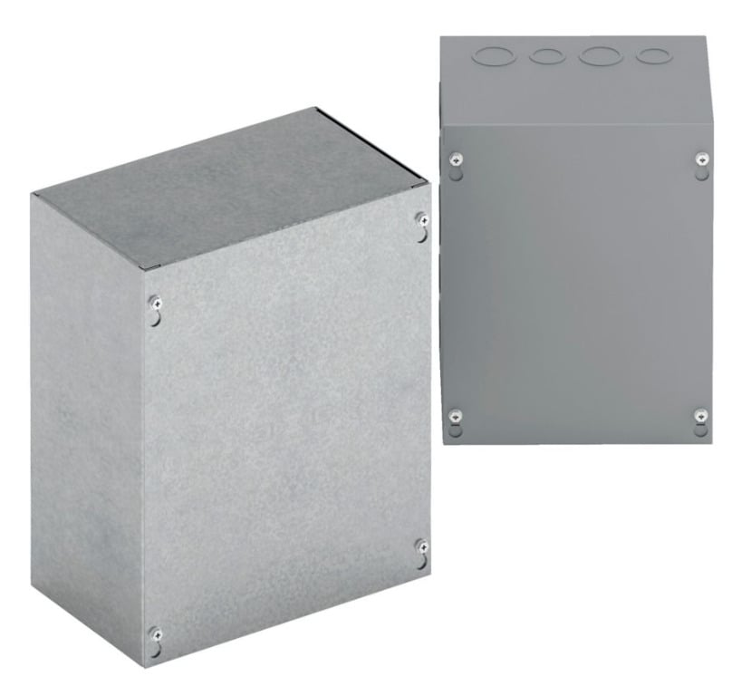 Type 1 junction boxes, 6" height, 6" length, 6" width, NEMA 1, Screw cover, SCGV enclosure, Surface mounted, Small single door, 3 knockouts each side,3 top and bottom, Thru holes, Galvanized steel