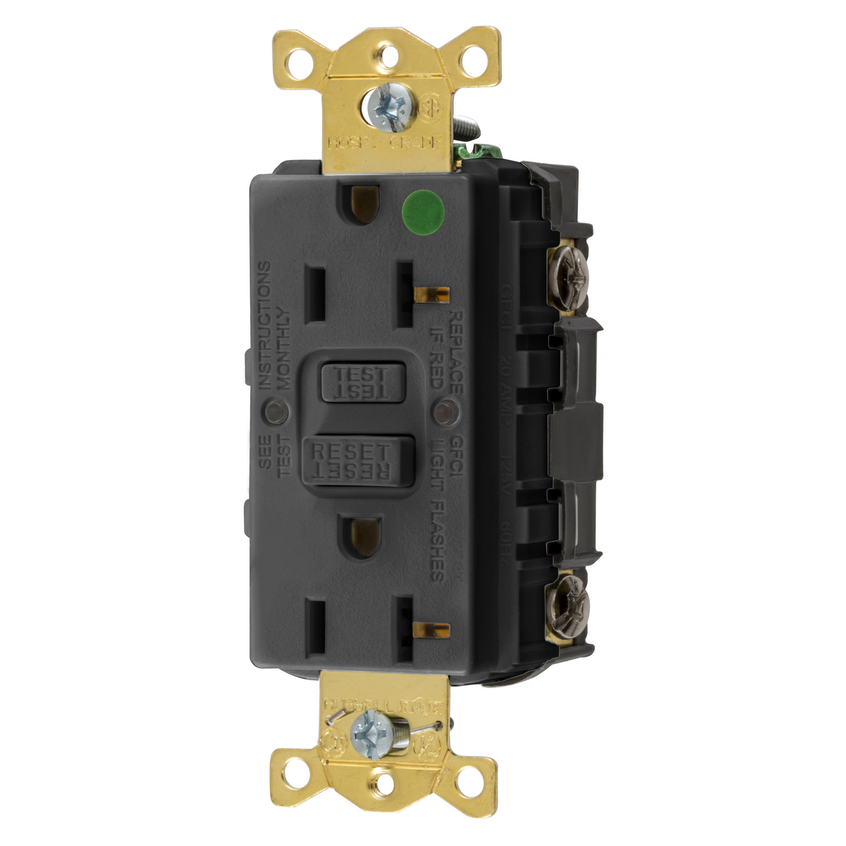 GFRST83BK 1-Phase Decorator Duplex Self-Test Standard Straight Blade Screw Mount GFCI Receptacle, 125 VAC, 20 A, 2 Poles, 3 Wires, Black