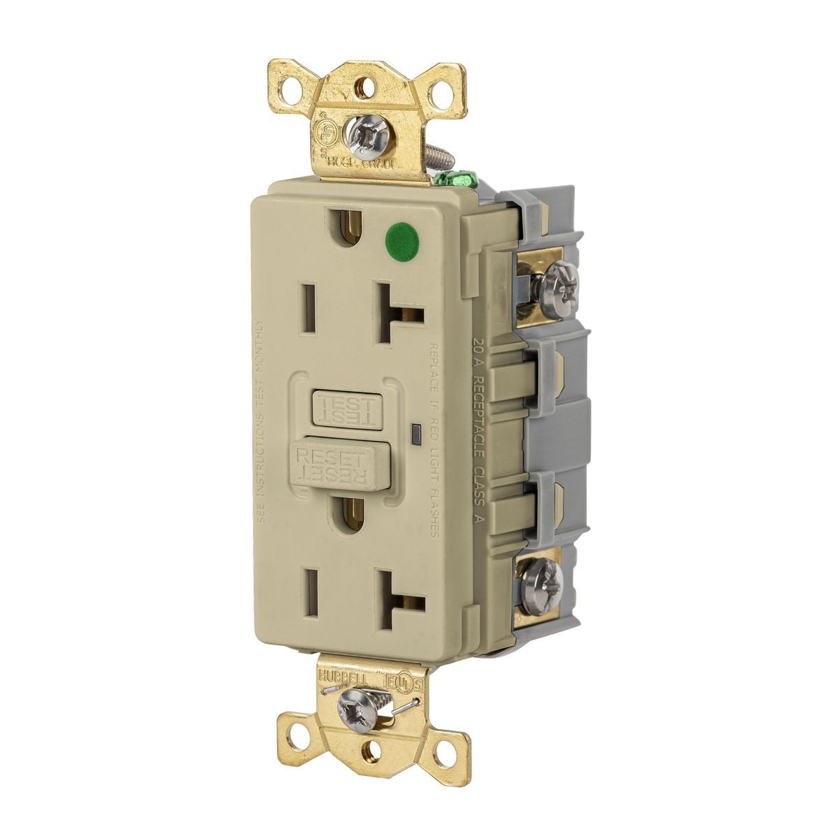 GFR83I Heavy Duty GFCI Receptacle, 125 V AC, 20 A, 2 Poles, 3 Wires, Ivory