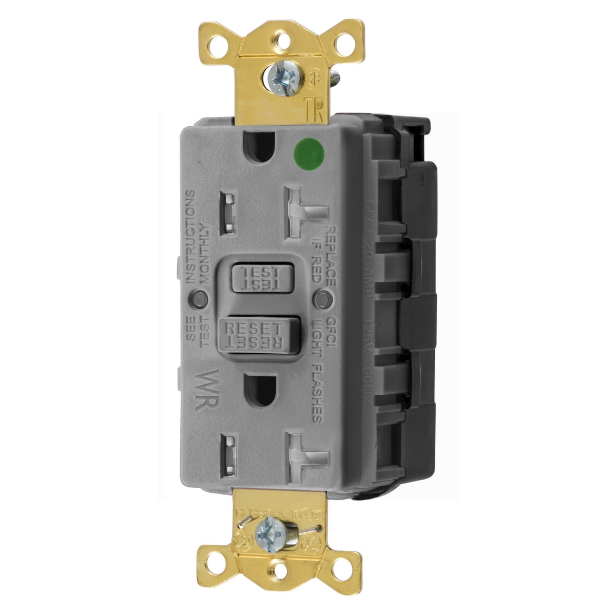 GFTWRST83SNAPGY 1-Phase Decorator Duplex Heavy Duty Standard Straight Blade Self-Test Tamper/Weather Resistant Screw Mount GFCI Receptacle, 125 VAC, 20 A, 2 Poles, 3 Wires, Gray