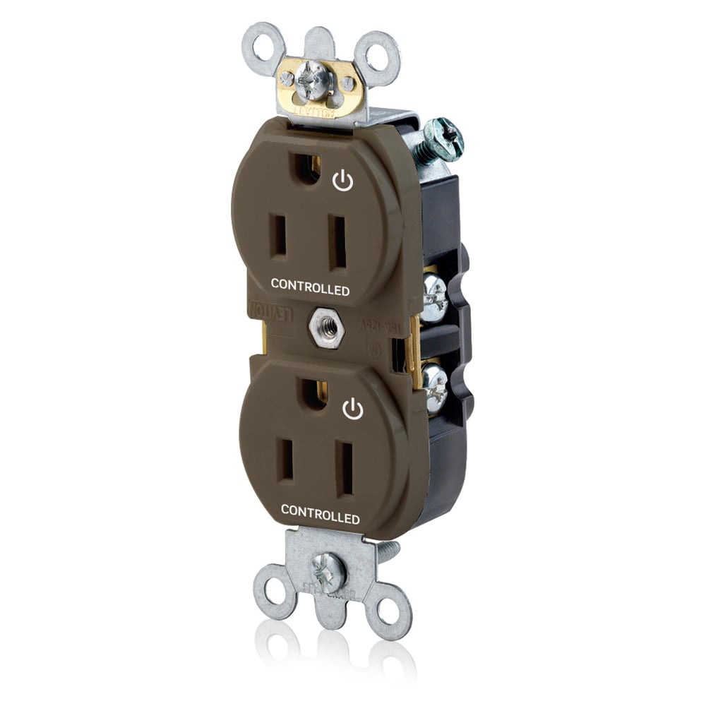 5262-S2 Heavy Duty Narrow Body Straight Blade Duplex Receptacle With 2 Plug Controlled Markings, 125 V AC, 15 A, 2 Poles, 3 Wires, Brown