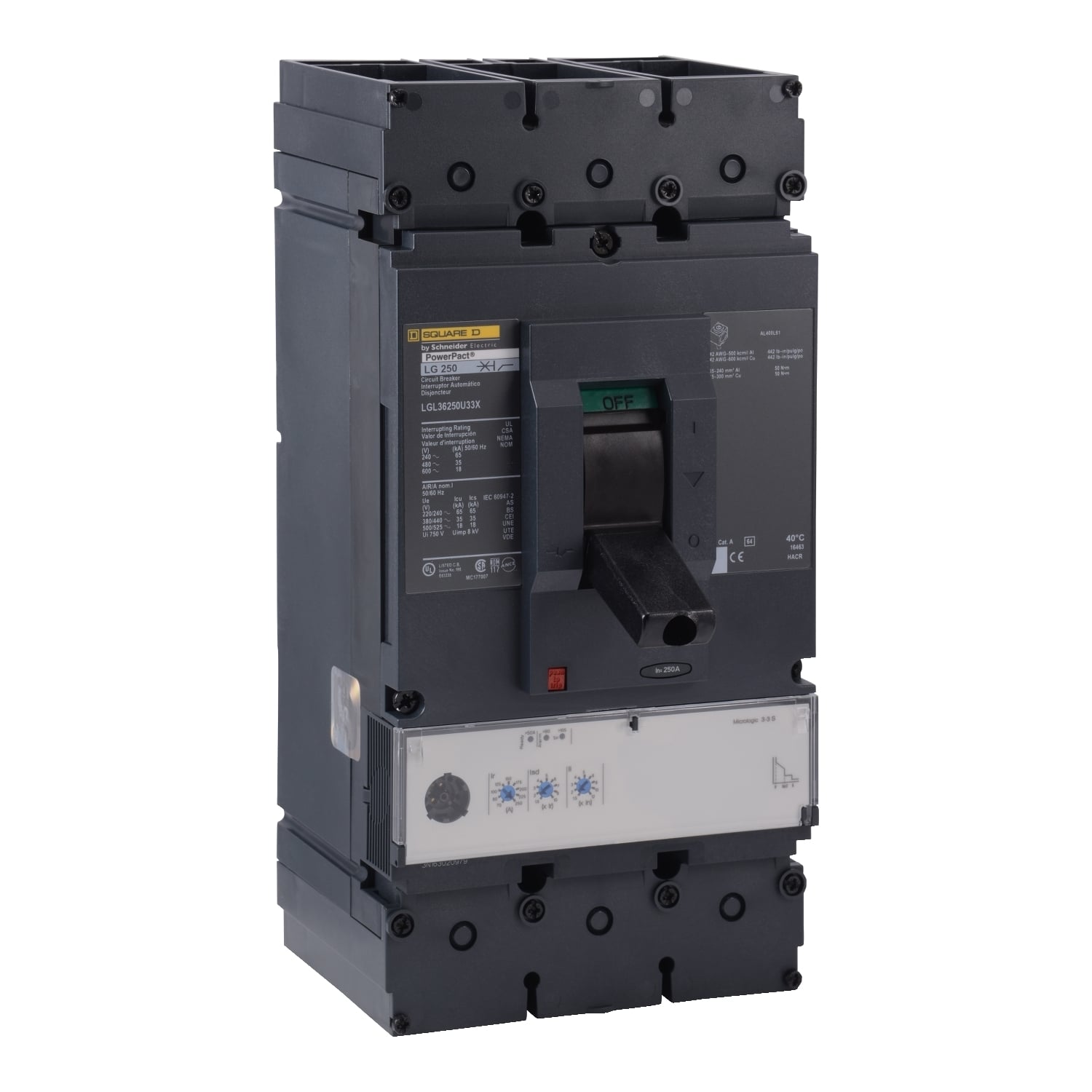 LGL36250U33X PowerPact Standard L Molded Case Circuit Breaker, 600 V AC, 250 A, 65 kA at 240 V AC/35 kA at 480 V AC/18 kA at 600 V AC Interrupt, 3 Poles, Electronic Trip