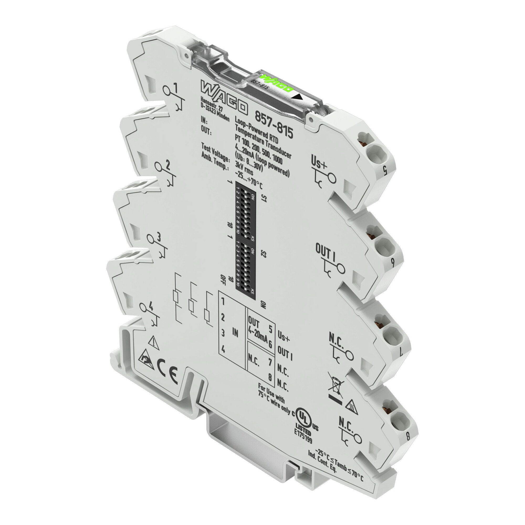 Temperature signal conditioner for RTD sensors; Current output signal; Power via output; 6 mm module width