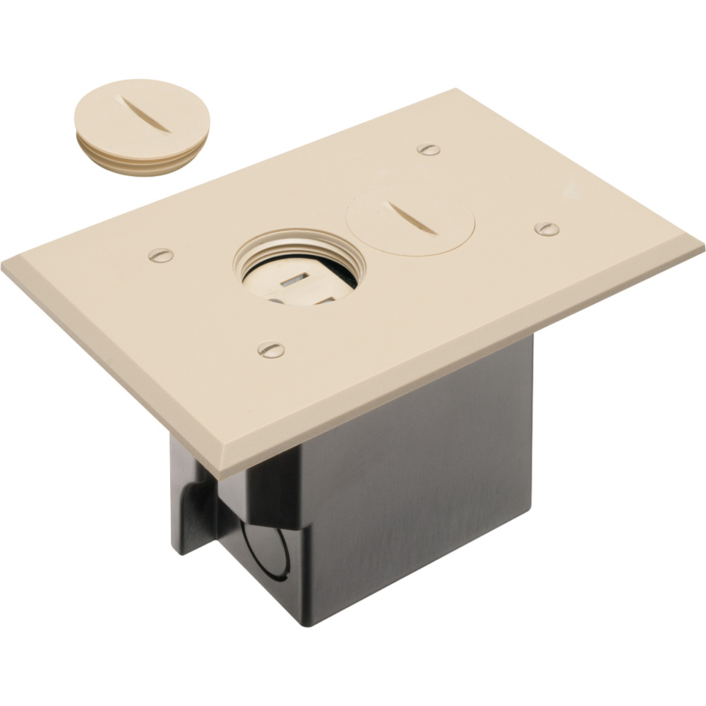 FLBR101LA Adjustable Floor Box With (2) Threaded Plugs, Plastic, 20 cu-in Capacity, 1 Gangs, 6.5 in L x 4.125 in W x 3.738 in H
