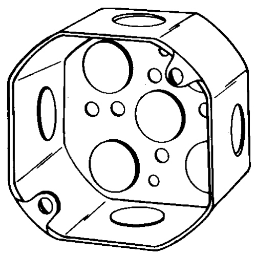 4OD-1/2 Octagon Box, Steel, 21.5 cu-in Capacity, 9 Knockouts, 2-1/8 in D