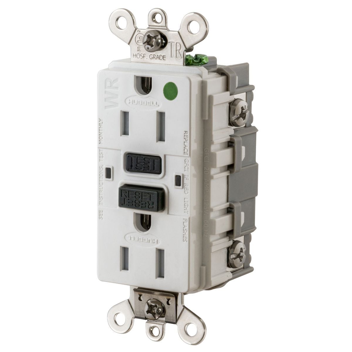 GF8200SGW Duplex Extra Heavy Duty Feed-Through Grounding Tamper-Resistant Weather-Resistant GFCI Receptacle, 125 VAC, 15 A, 2 Poles, 3 Wires, White