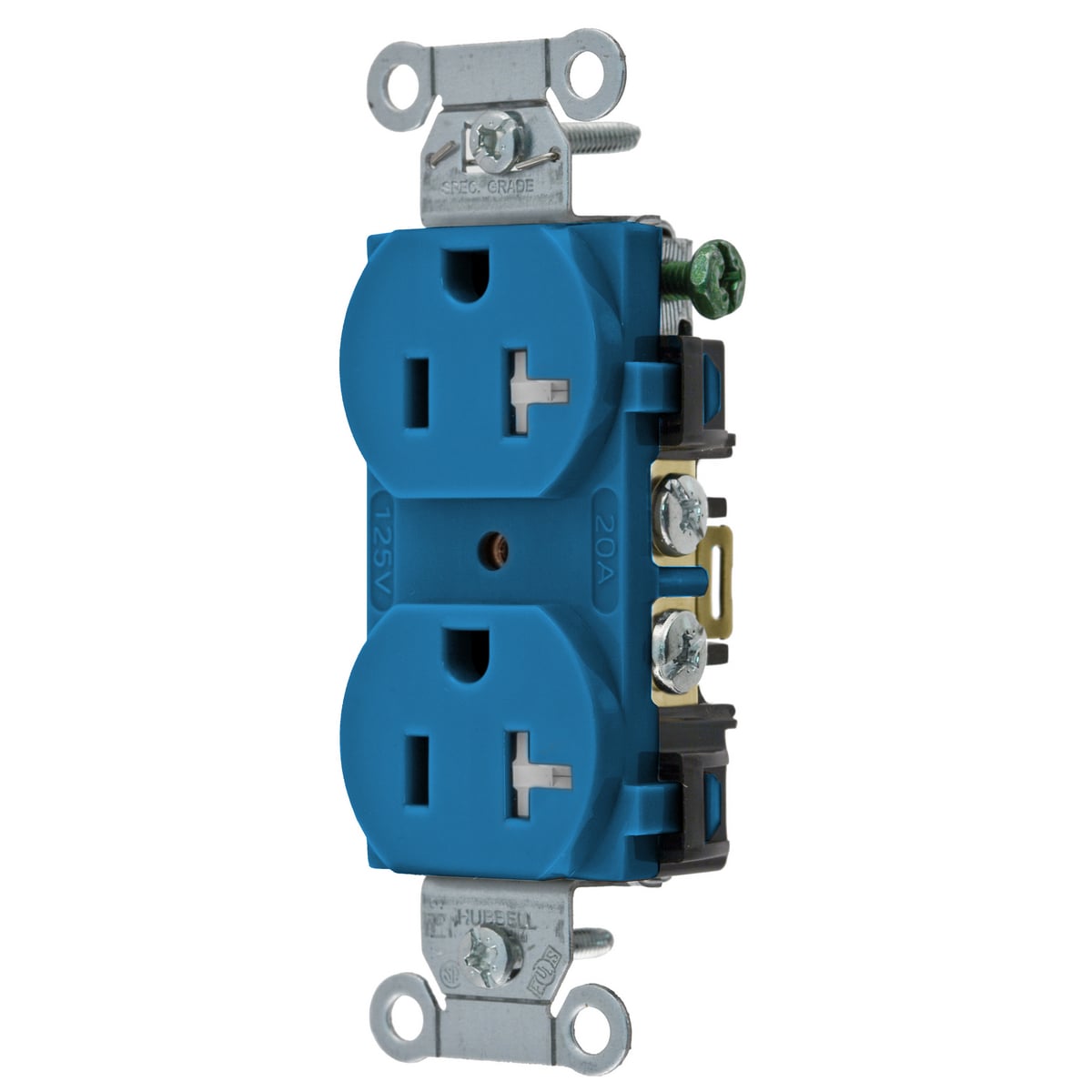 BR20BLTR 1-Phase Duplex Standard Tamper-Resistant Traditional Screw Mount Straight Blade Receptacle, 125 V AC, 20 A, 2 Poles, 3 Wires, Blue