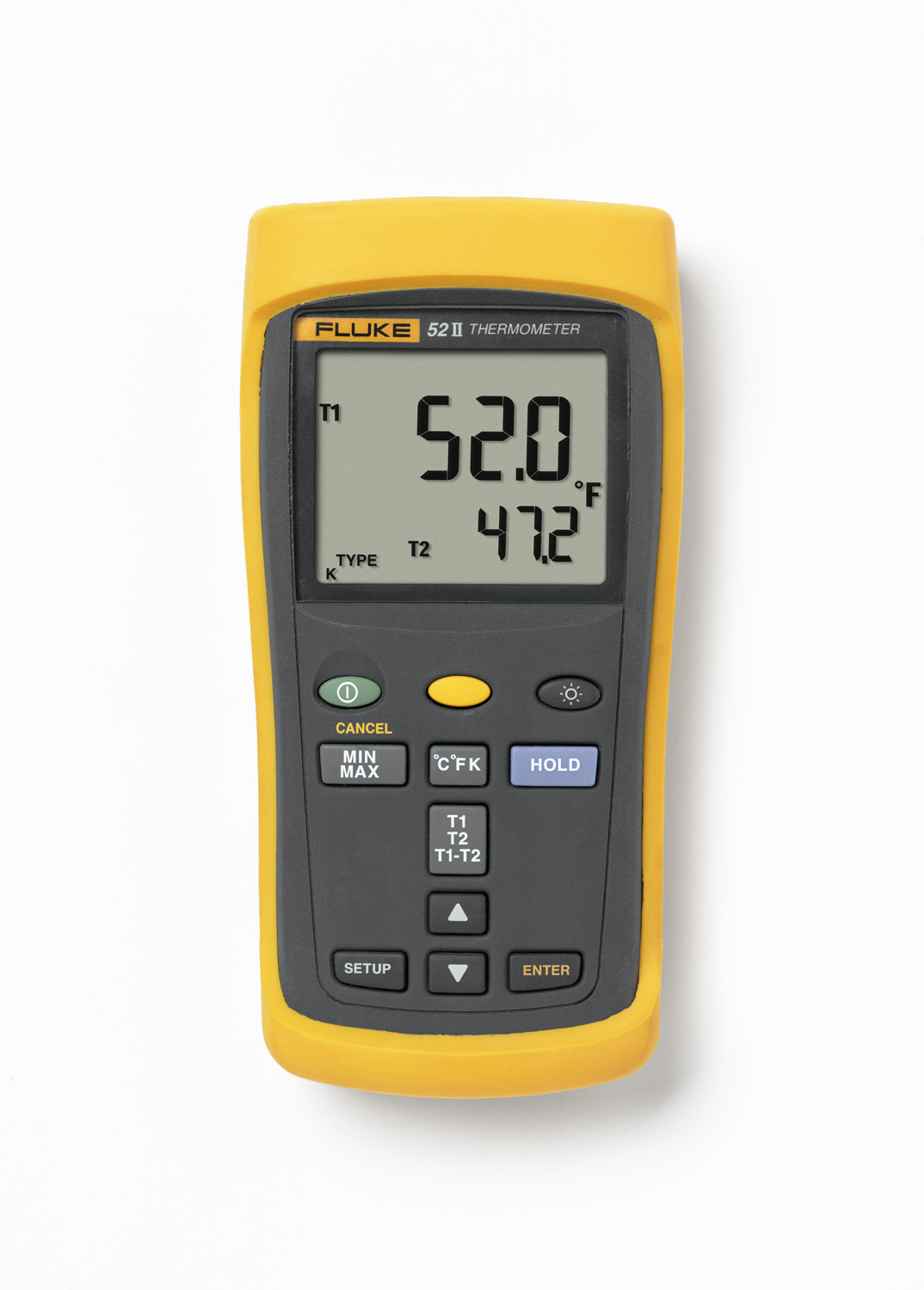 FLUKE-52-2-60HZ Digital Thermometer, 210 to 1200 deg C J-Type, 200 to 1372 deg C K-Type, 250 to 400 deg C T-Type, 150 to 1000 deg C E-Type, 200 to 1300 deg C N-Type, 0 to 1767 deg C R and S-Type