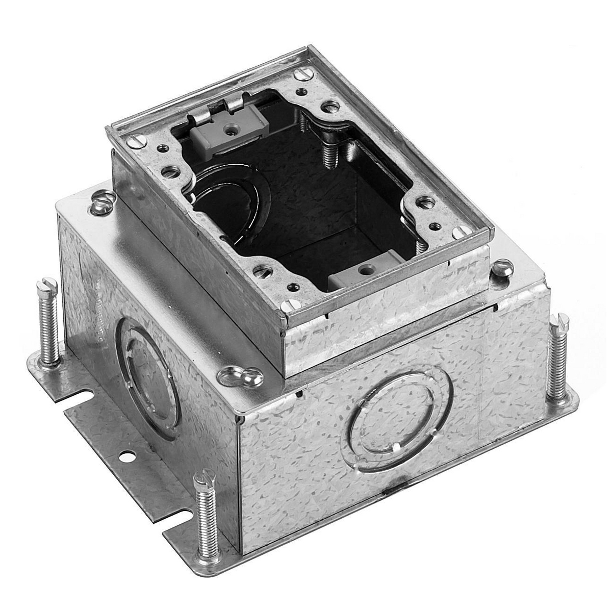 BA2431 Deep Fully Adjustable Floor Box, Stamped Steel, 60 cu-in Capacity, 1 Gangs, 4 Knockouts, 4.81 in L x 6 in W x 3.72 in H