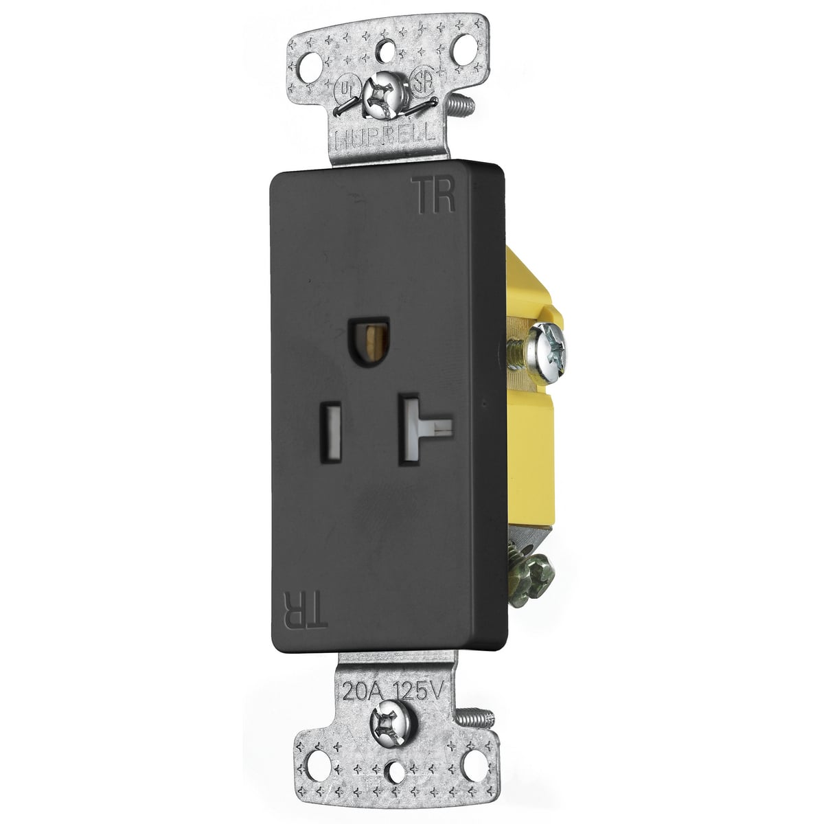 RRD201BKTR 1-Phase Decorator Single Self-Grounding Standard Tamper Resistant Screw Mount Straight Blade Receptacle, 125 V AC, 20 A, 2 Poles, 3 Wires, Black