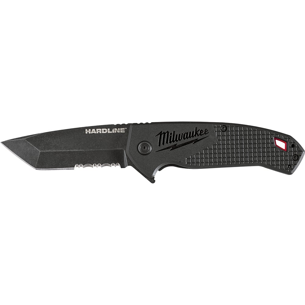 48-22-1998 Hardline Lockable Blade Folding Pocket Knife, D2 Steel Serrated Blade, 3 in L Blade, Serrated Edge, Stainless Steel Grip