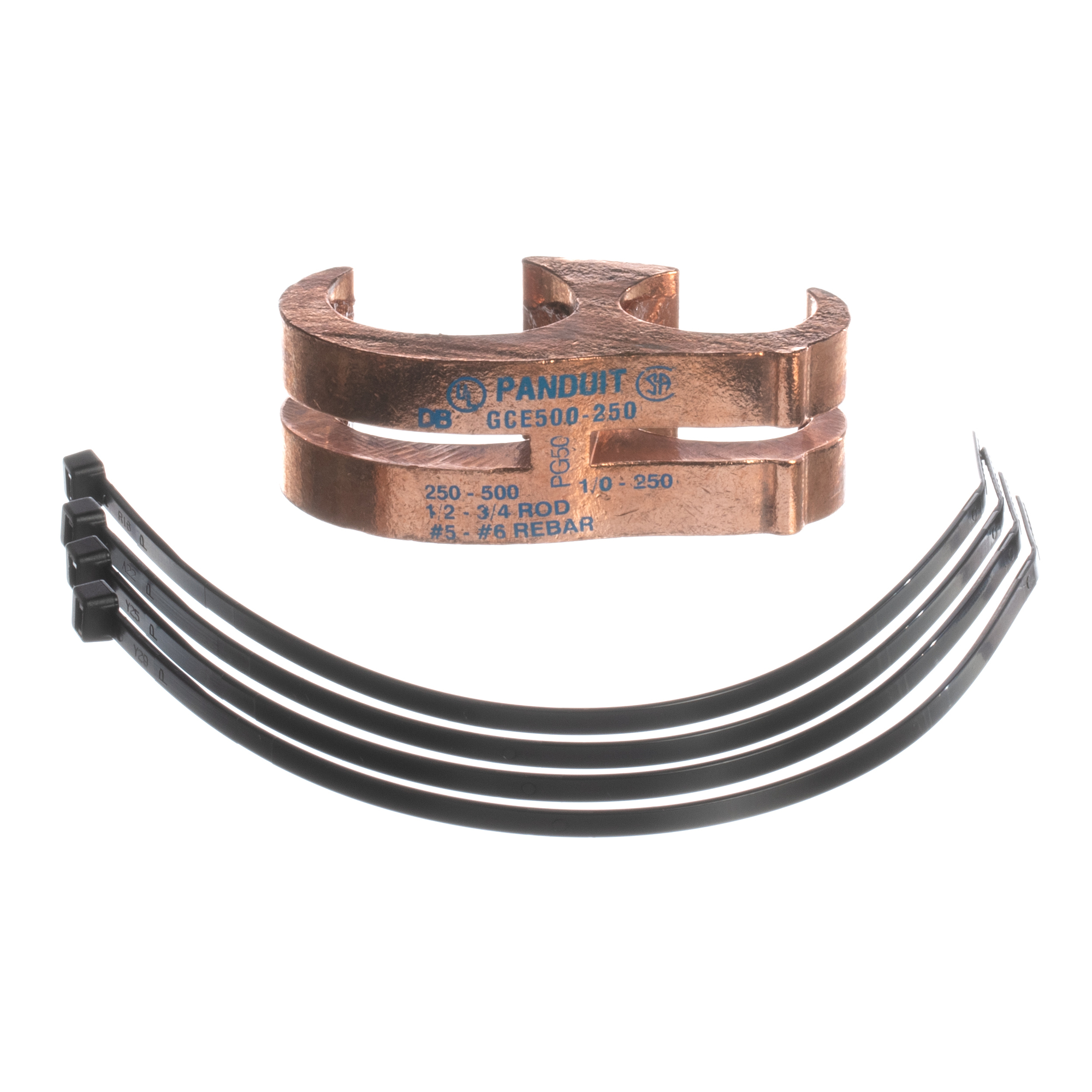 GCE500-250-X StructuredGround E-Tap Grounding Connectors, 1/0 AWG Min Run/Tap, 1/0 AWG Max Run/Tap, 1/2 to 3/4 in Rod, High Conductivity Copper