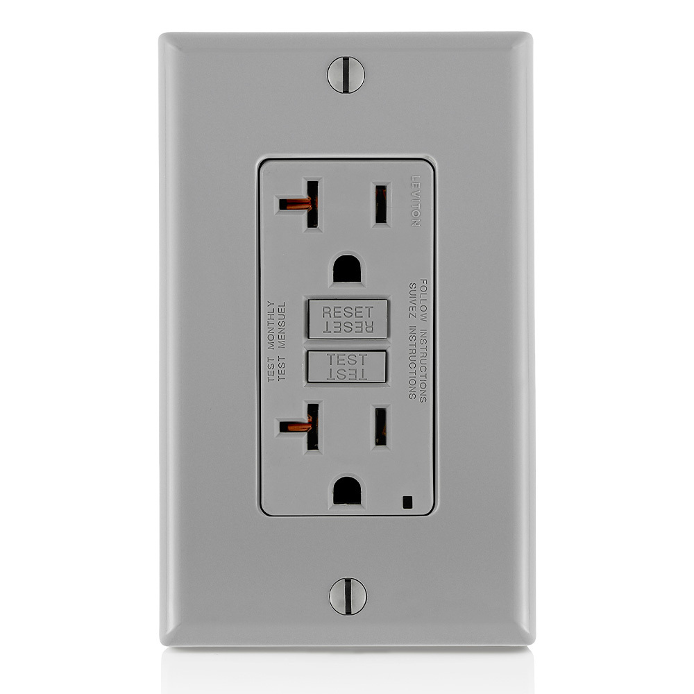 GFTR2-GY Duplex Feed Through Self-Test Slim Standard Tamper Resistant GFCI Receptacle With Gray Test, Reset Button, 125 V AC, 20 A, 2 Poles, 3 Wires, Gray