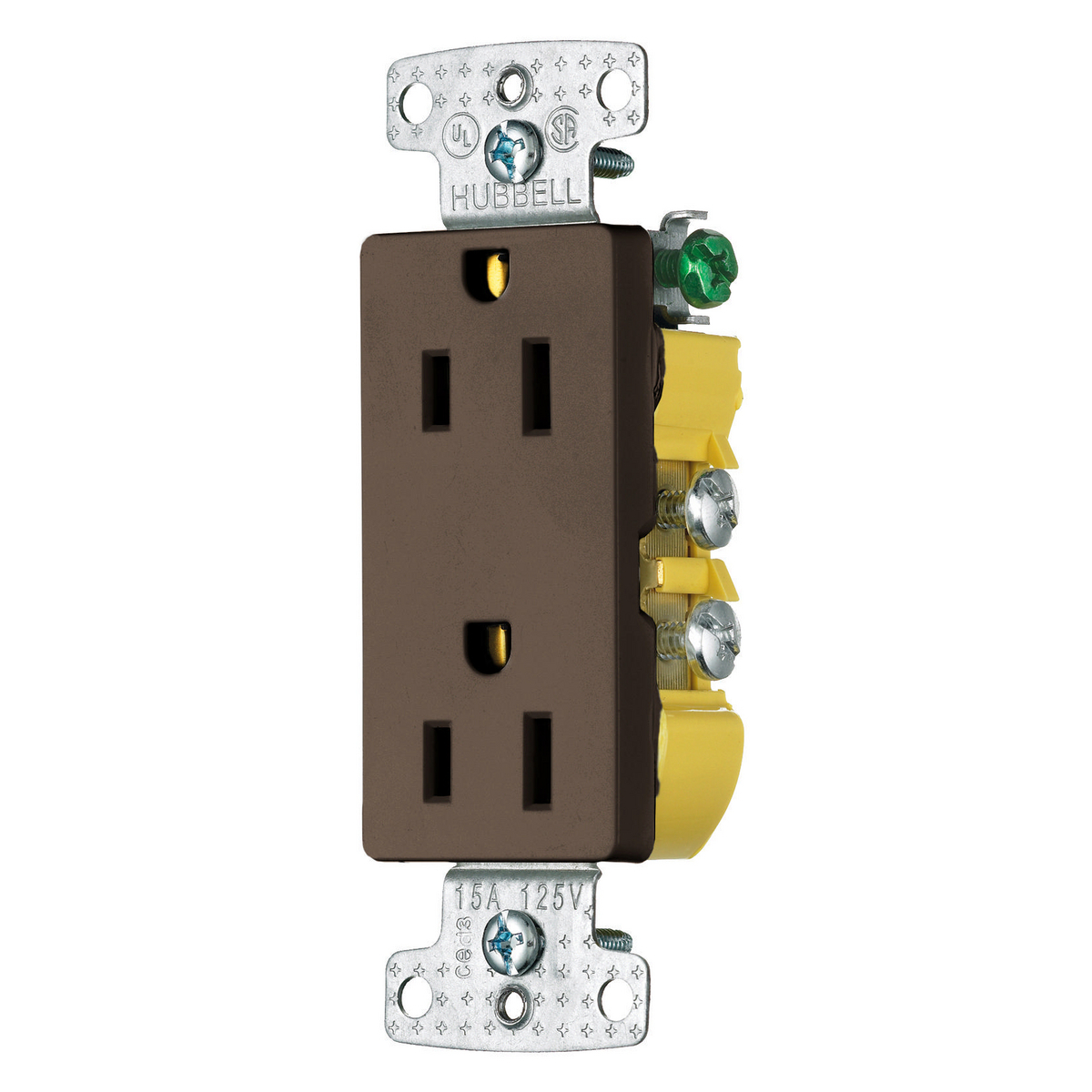 RRD15 1-Phase Decorator Duplex Grounding Standard Straight Blade Receptacle, 125 V AC, 15 A, 2 Poles, 3 Wires, Brown