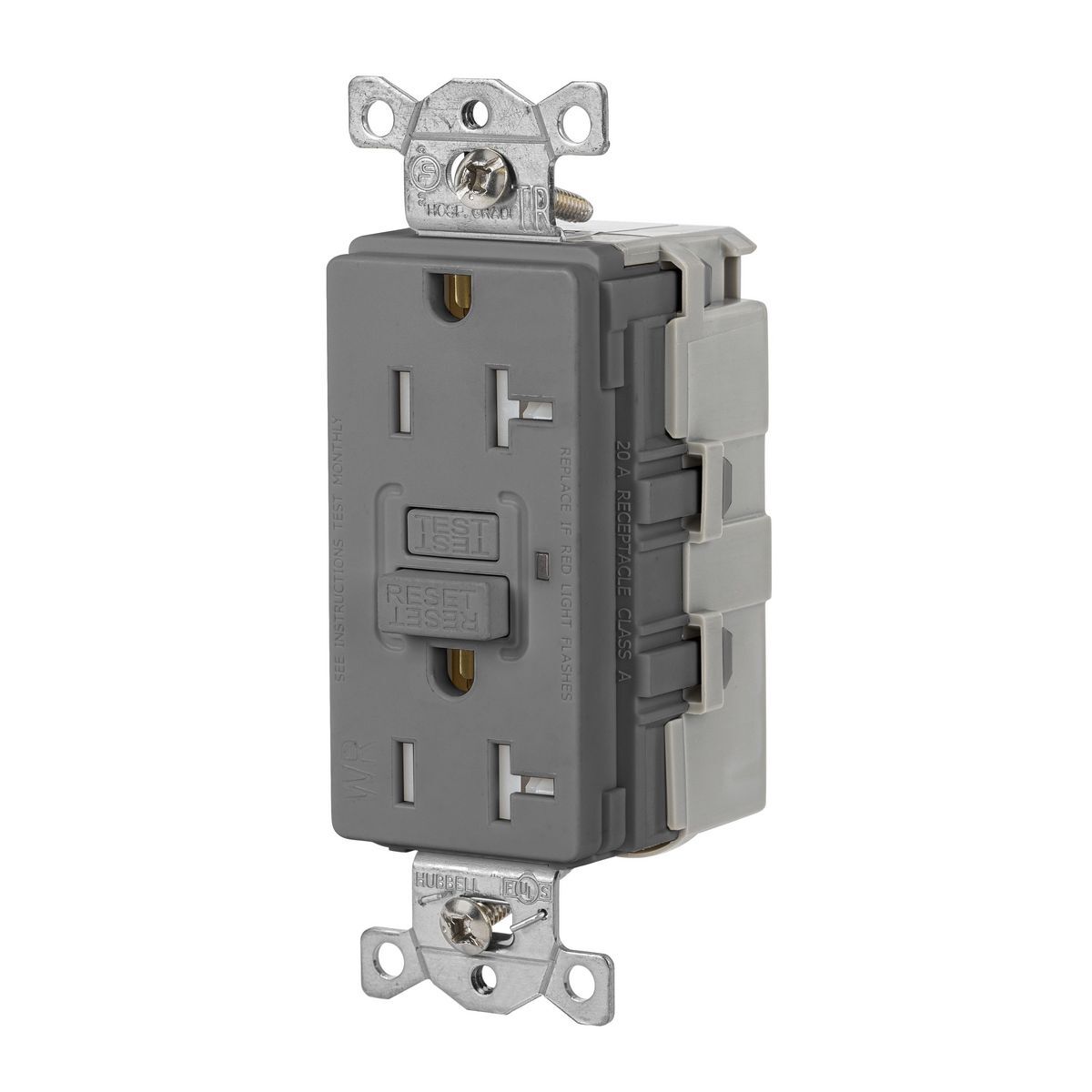SNAPGFTW20GRY Heavy Duty GFCI Receptacle, 125 V AC, 20 A, 2 Poles, 3 Wires, Grey