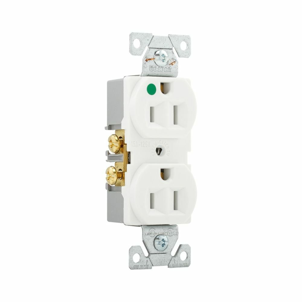 Eaton Arrow Hart heavy-duty hospital grade duplex receptacle, #14-10 AWG, 15A, Healthcare, Flush, 125V, Back and side, White, Brass, Glass-filled nylon, PVC, 5-15R, Duplex, Screw, Glass-filled nylon, PVC