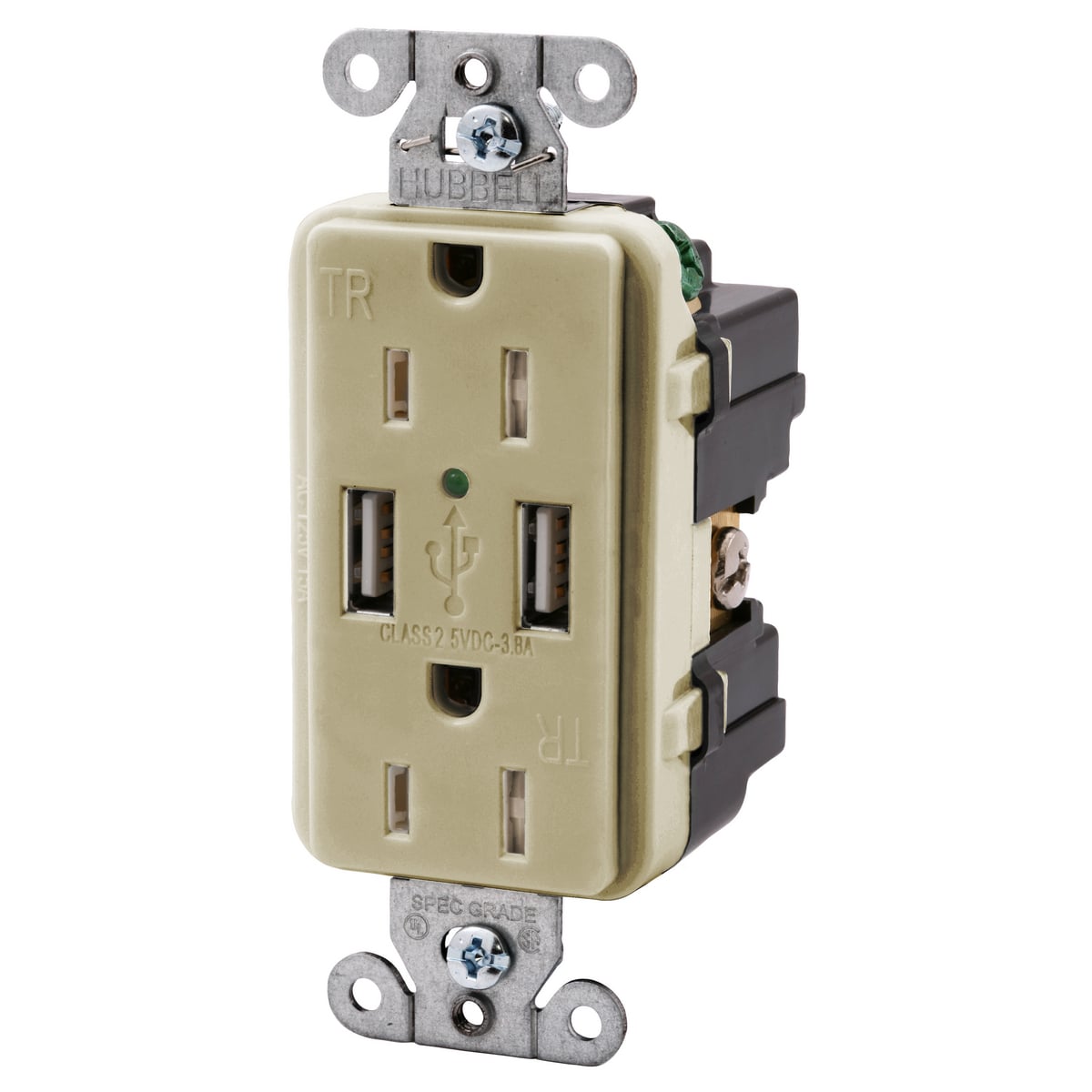 USB15X2I Decorator Duplex Self-Grounding Standard Tamper-Resistant USB Charger Receptacle, 15 A at 125 V AC, 1875 W, 1 Phase, 2 Poles, 3 Wires, Ivory