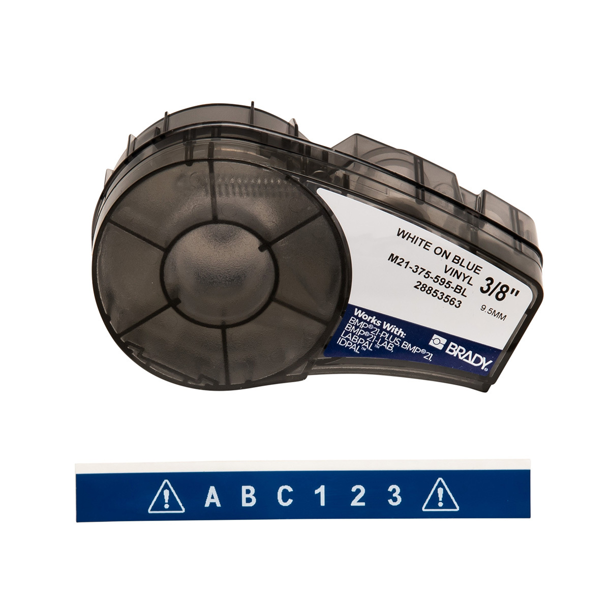M21-375-595-BL BPM21 Label Marker Cartridge, 21 ft L x 3/8 in W, For Use With BMP 21 PLUS Portable Label Printers, IDPAL and LABPAL Handheld Label Maker, B-595 Vinyl, White on Blue