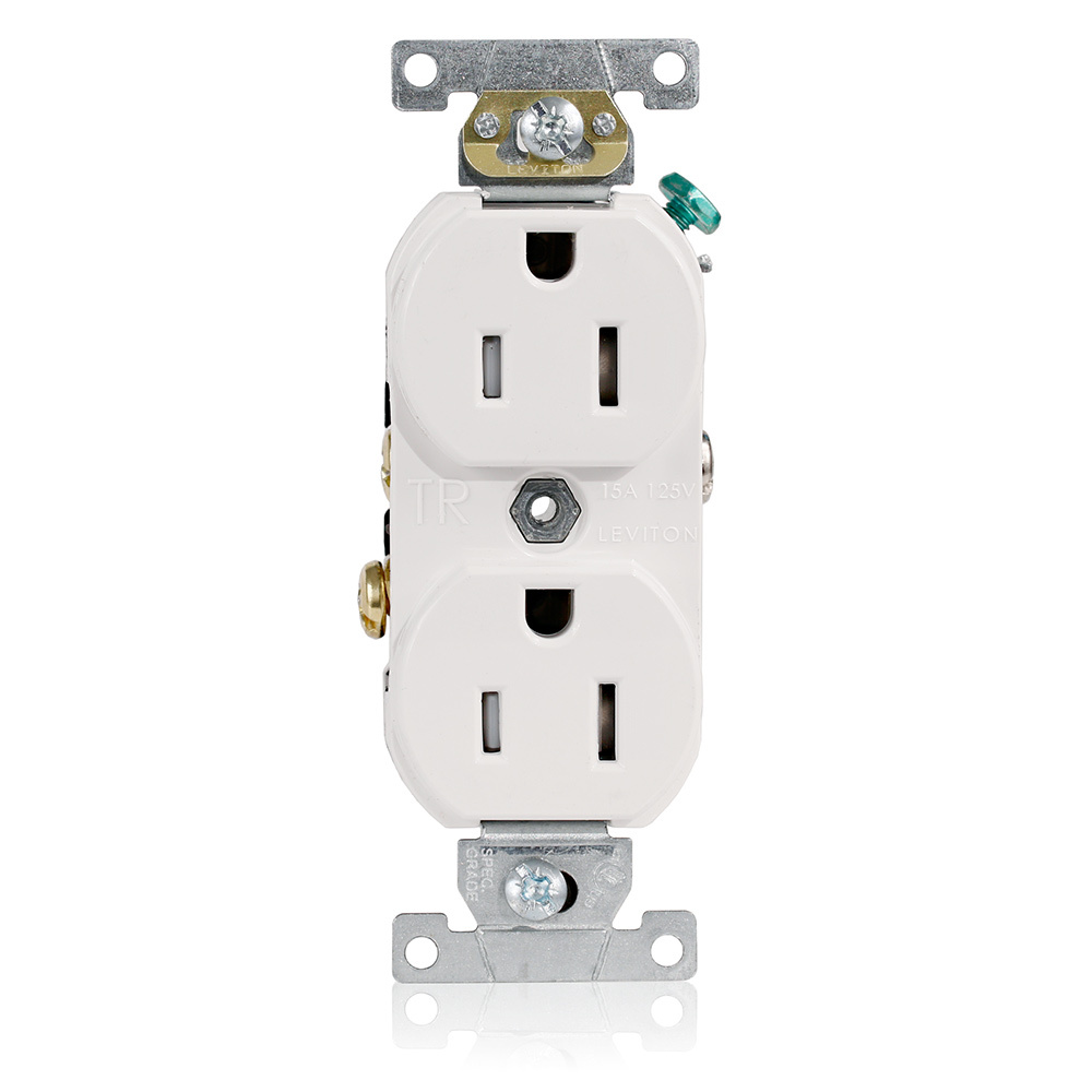 TBR15-W 1-Phase Duplex Tamper Resistant Straight Blade Receptacle, 125 V AC, 15 A, 2 Poles, 3 Wires, White
