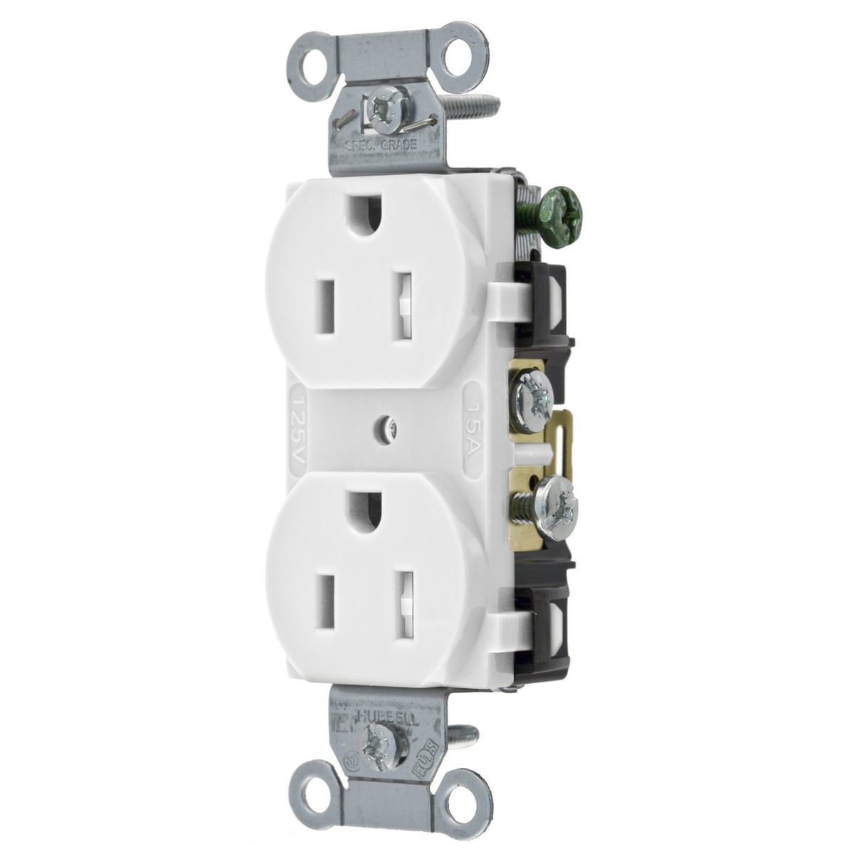 CR15WHITR 1-Phase Duplex Self-Grounding Standard Tamper Resistant Traditional Screw Mount Straight Blade Receptacle, 125 V AC, 15 A, 2 Poles, 3 Wires, White