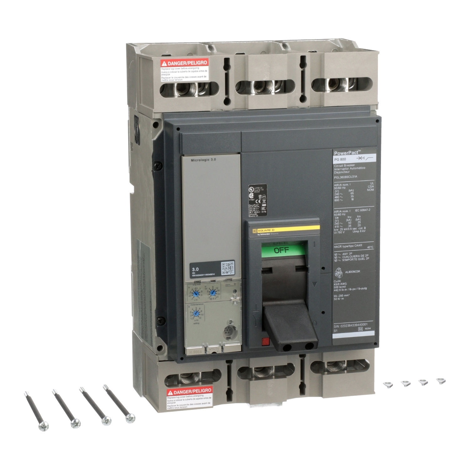 PGL36080CU31A PowerPact MasterPact PGL Molded Case Circuit Breaker, 600 V AC, 800 A, 18 kA Interrupt, 3 Poles, Electronic Trip
